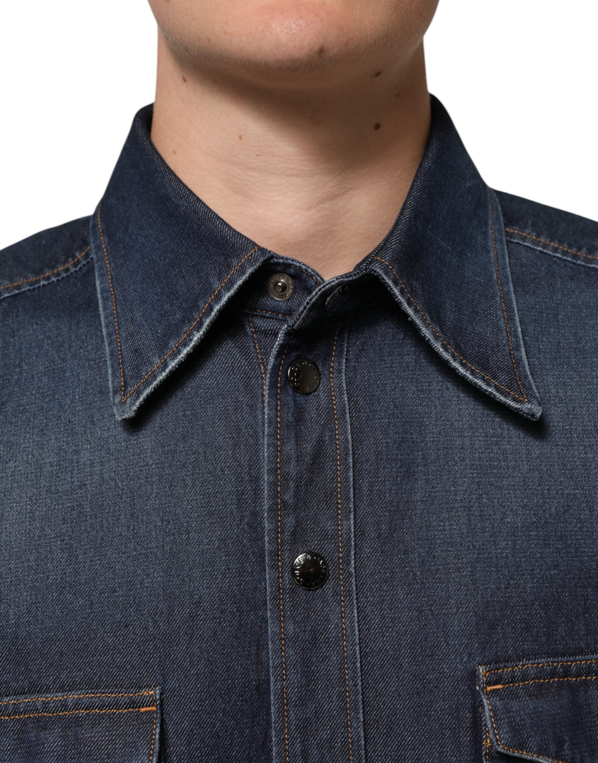 Dolce & Gabbana Blue Denim Button Casual Logo Patch Men Shirt Dolce & Gabbana
