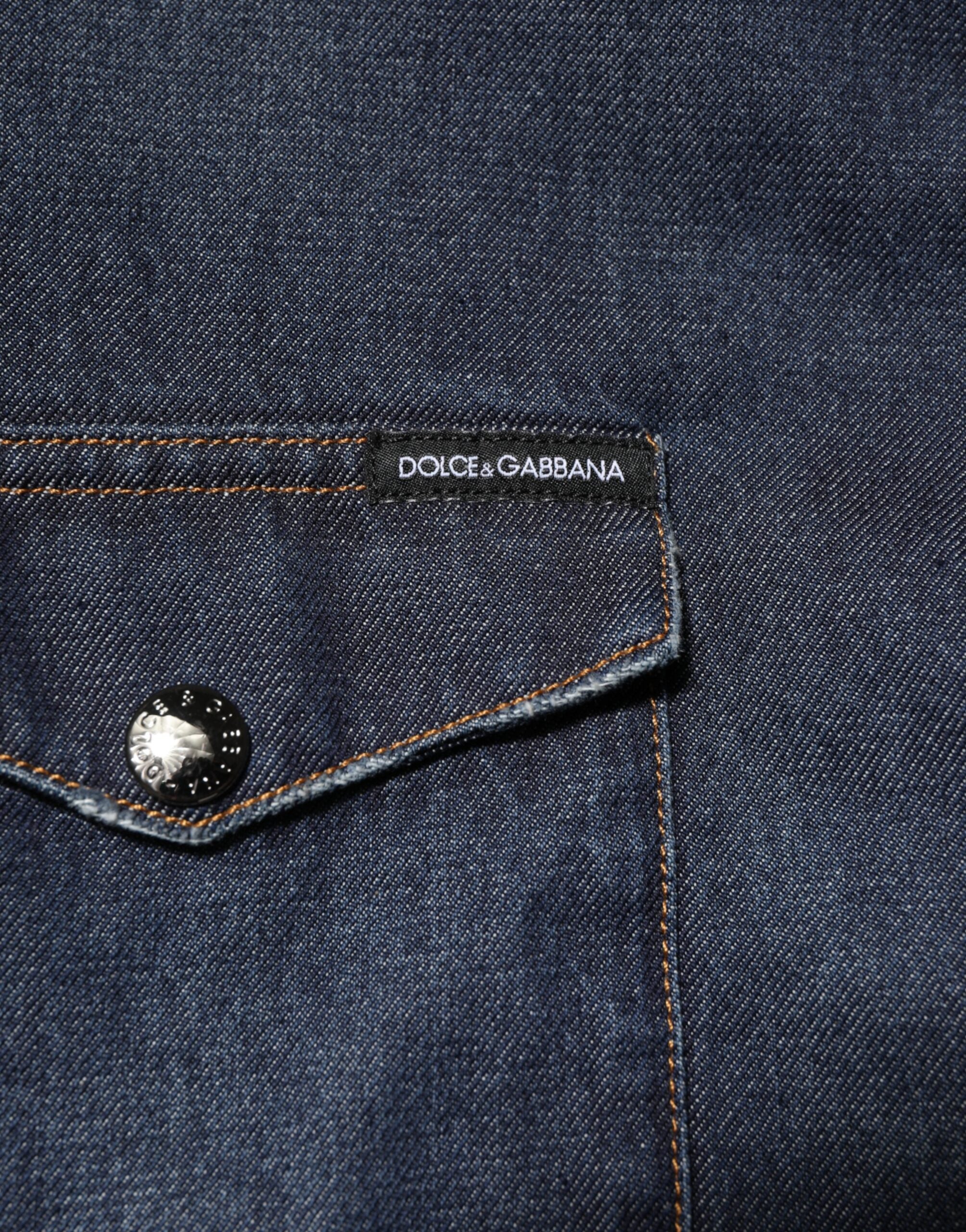 Dolce & Gabbana Blue Denim Button Casual Logo Patch Men Shirt Dolce & Gabbana