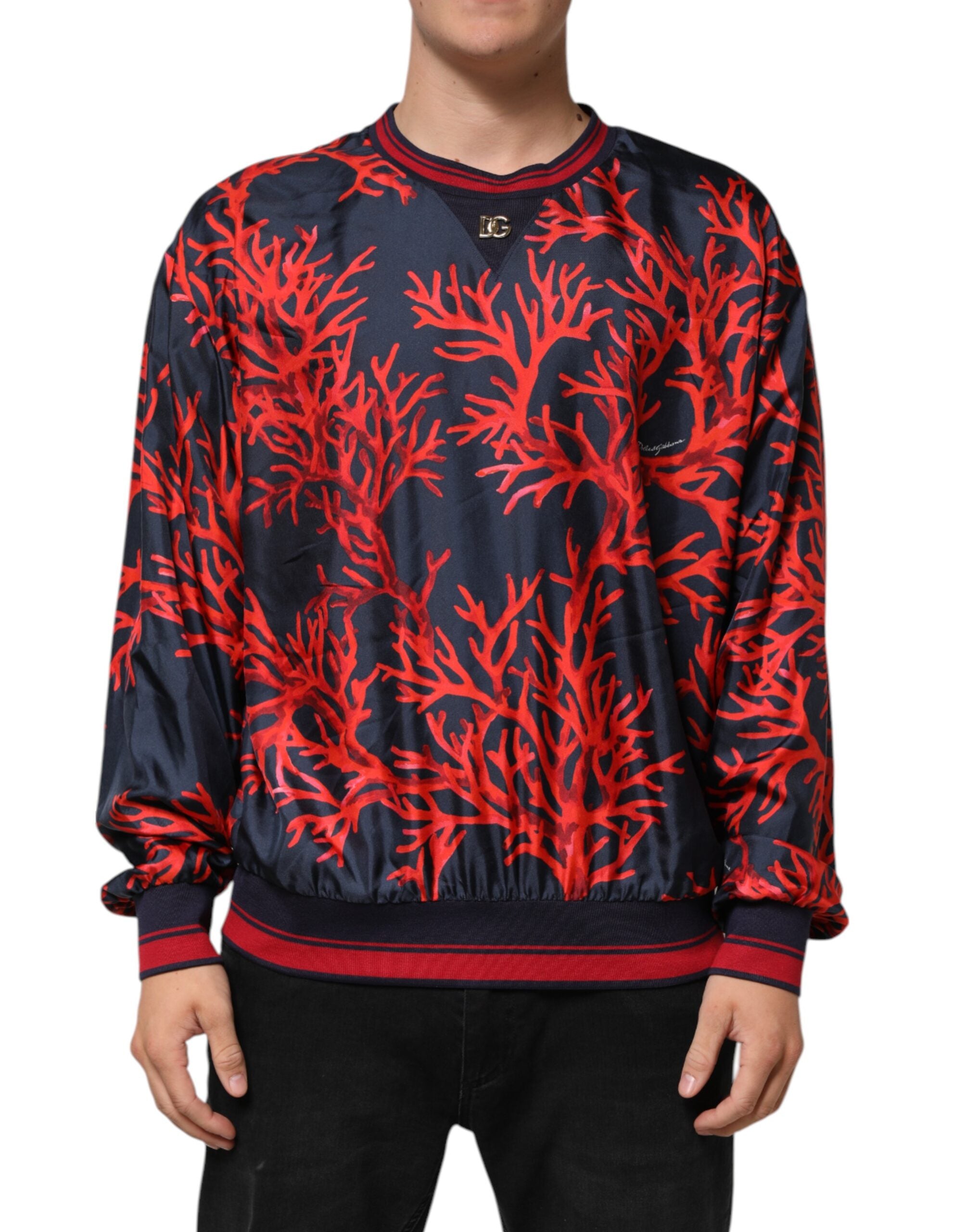 Dolce & Gabbana Silk Navy Red Coral Print Pullover Sweater Dolce & Gabbana
