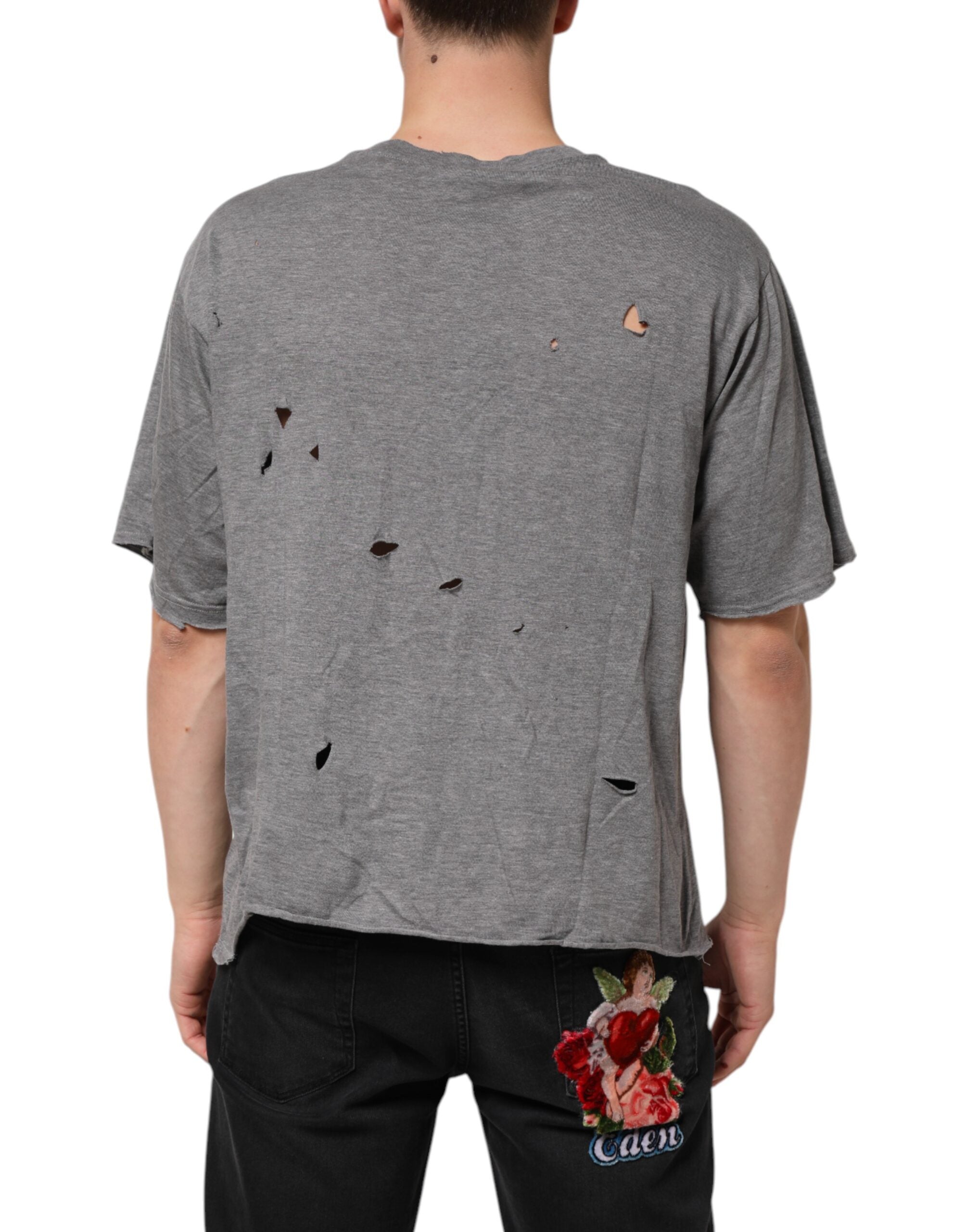 Dolce & Gabbana Gray Cotton Tattered Logo Patch Men T-shirt Dolce & Gabbana