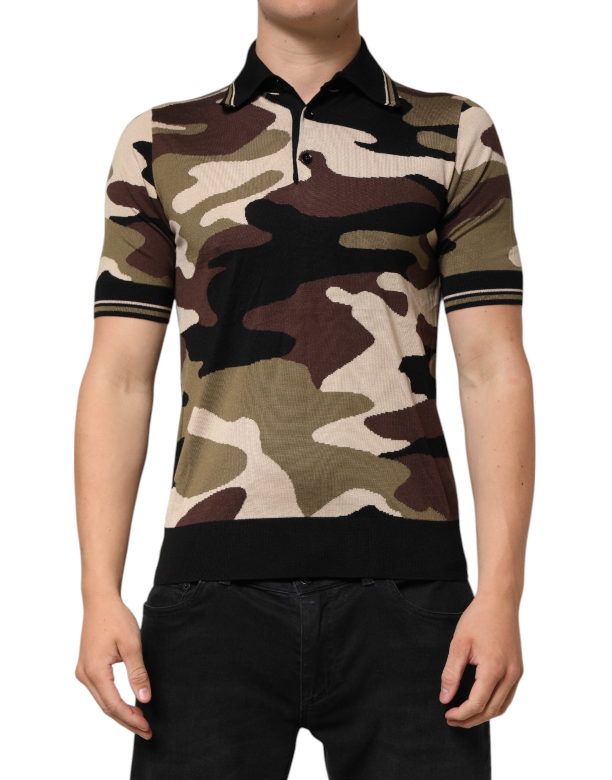 Dolce & Gabbana Camouflage Brown Silk MilitaryPolo T-shirt Dolce & Gabbana