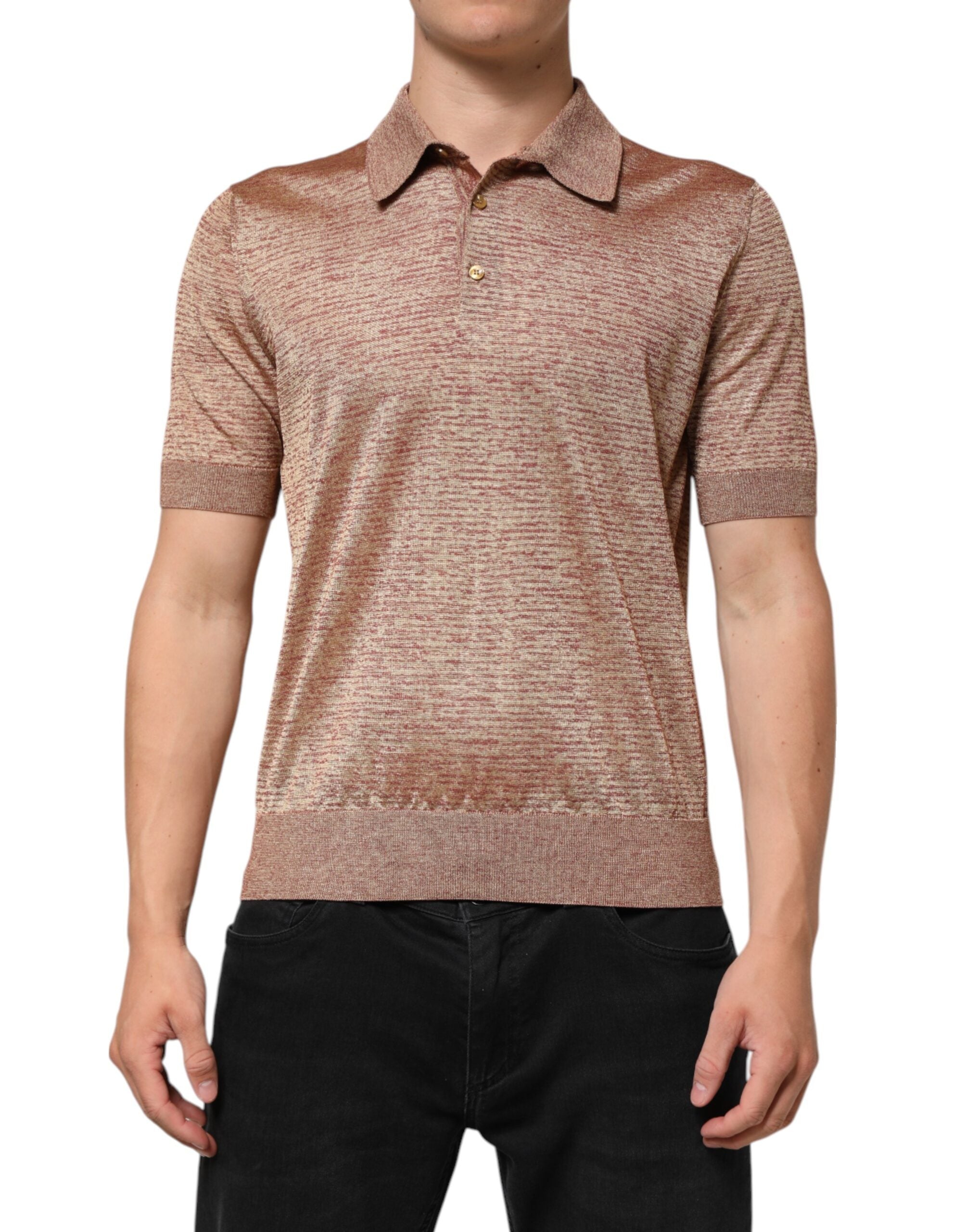 Dolce & Gabbana Brown Silk Textured Short Sleeve Polo T-shirt Dolce & Gabbana
