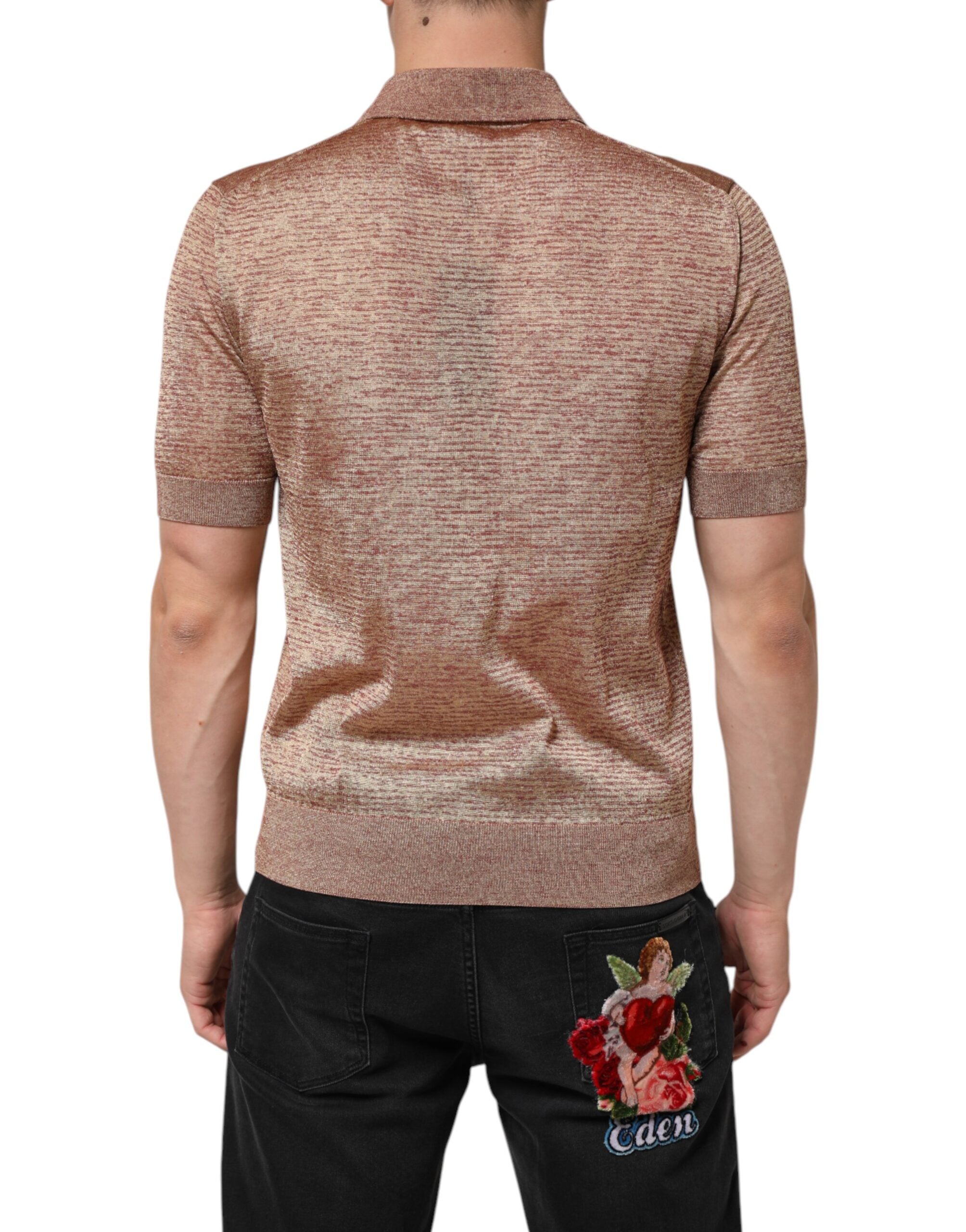 Dolce & Gabbana Brown Silk Textured Short Sleeve Polo T-shirt Dolce & Gabbana