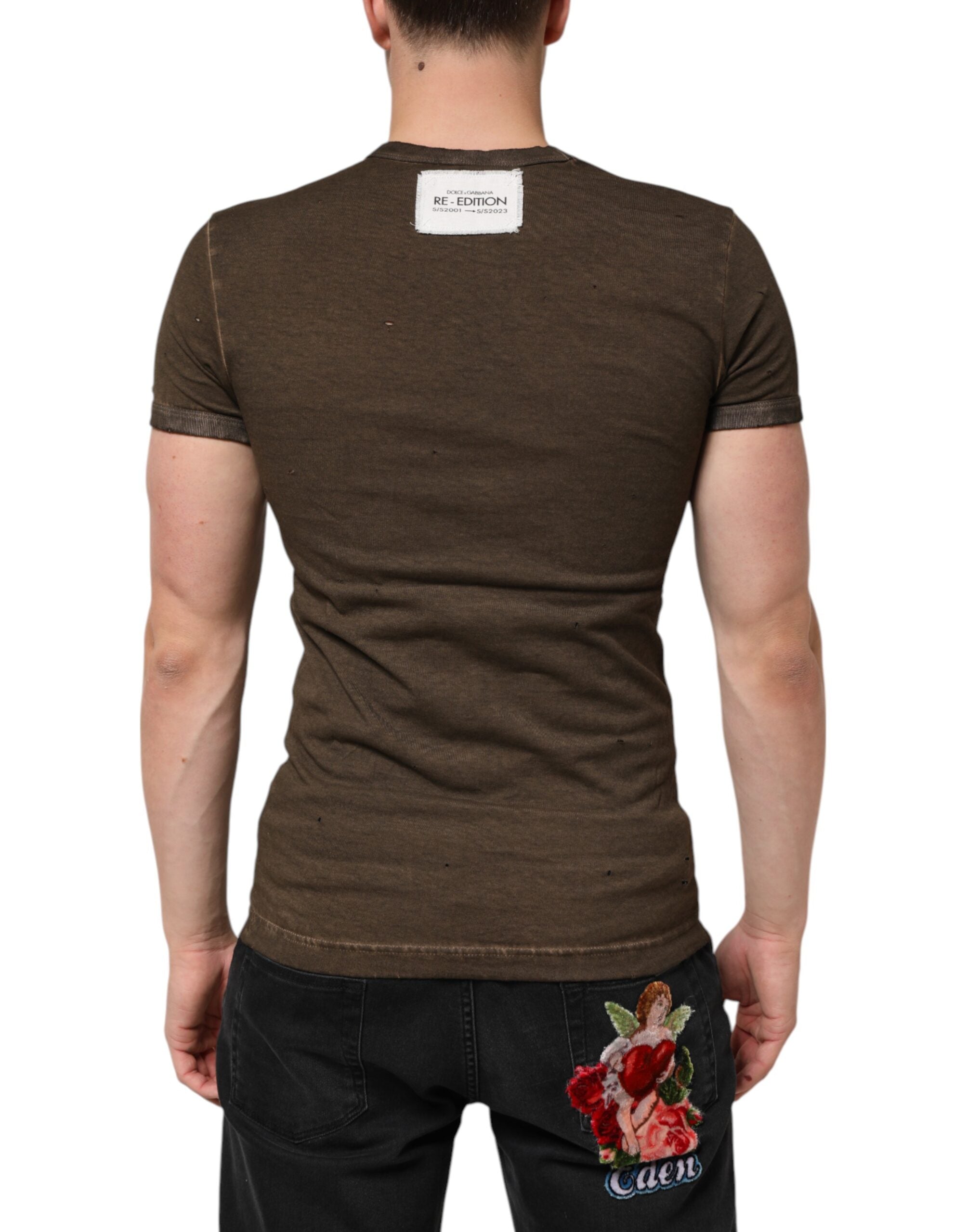 Dolce & Gabbana Dark Brown Cotton Tattered Logo Men T-shirt Dolce & Gabbana