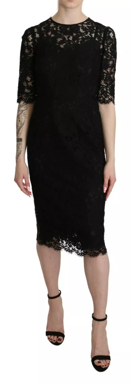 Dolce & Gabbana Black Floral Lace Sheath Knee Length Dress Dolce & Gabbana