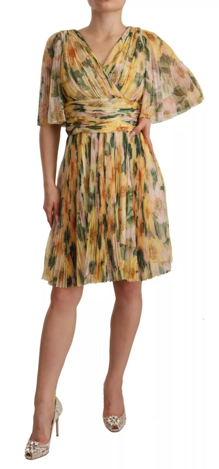 Dolce & Gabbana Yellow Floral Print Pleated Maxi Dress Dolce & Gabbana