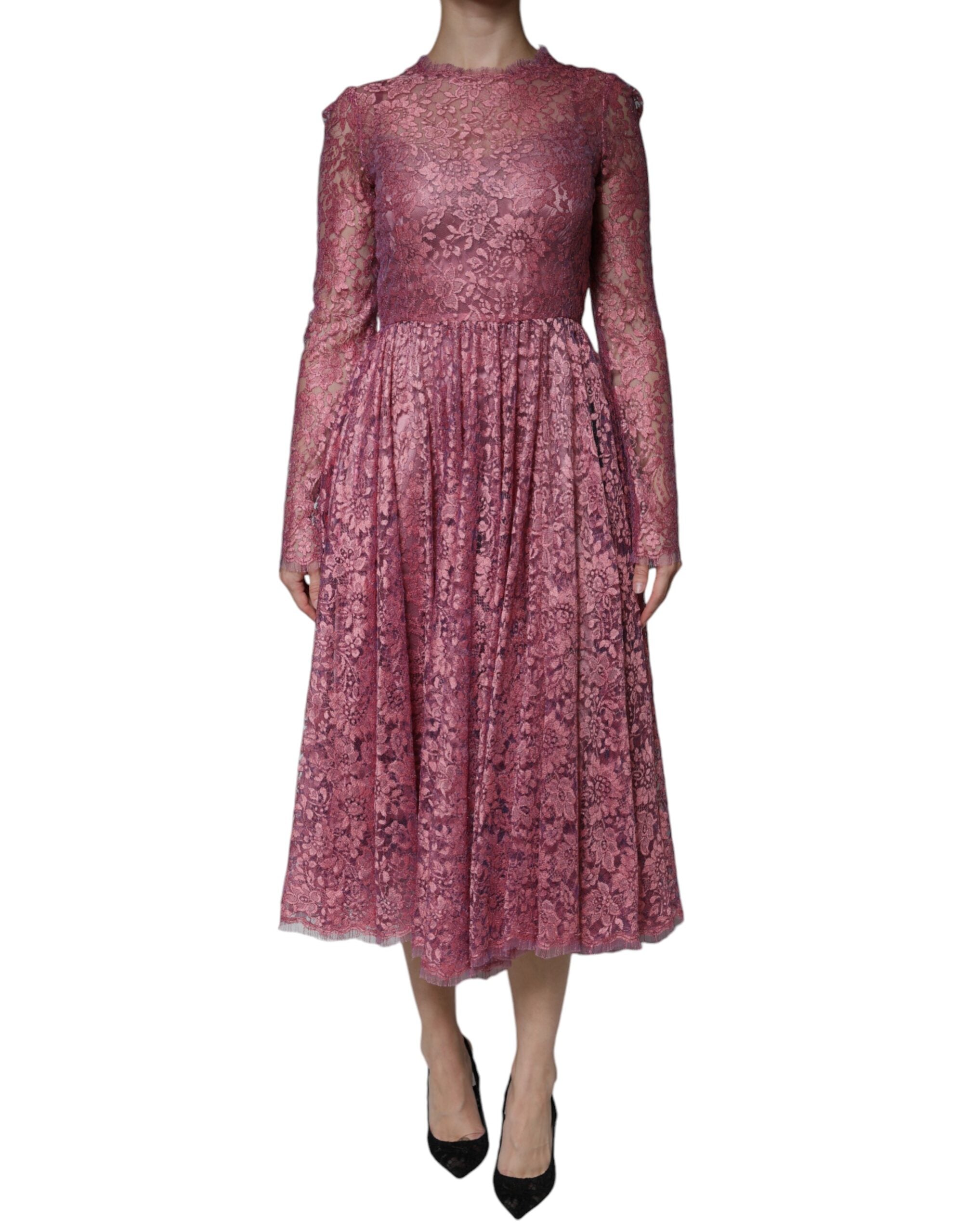 Dolce & Gabbana Pink Floral Lace Long Sleeve Midi Dress Dolce & Gabbana