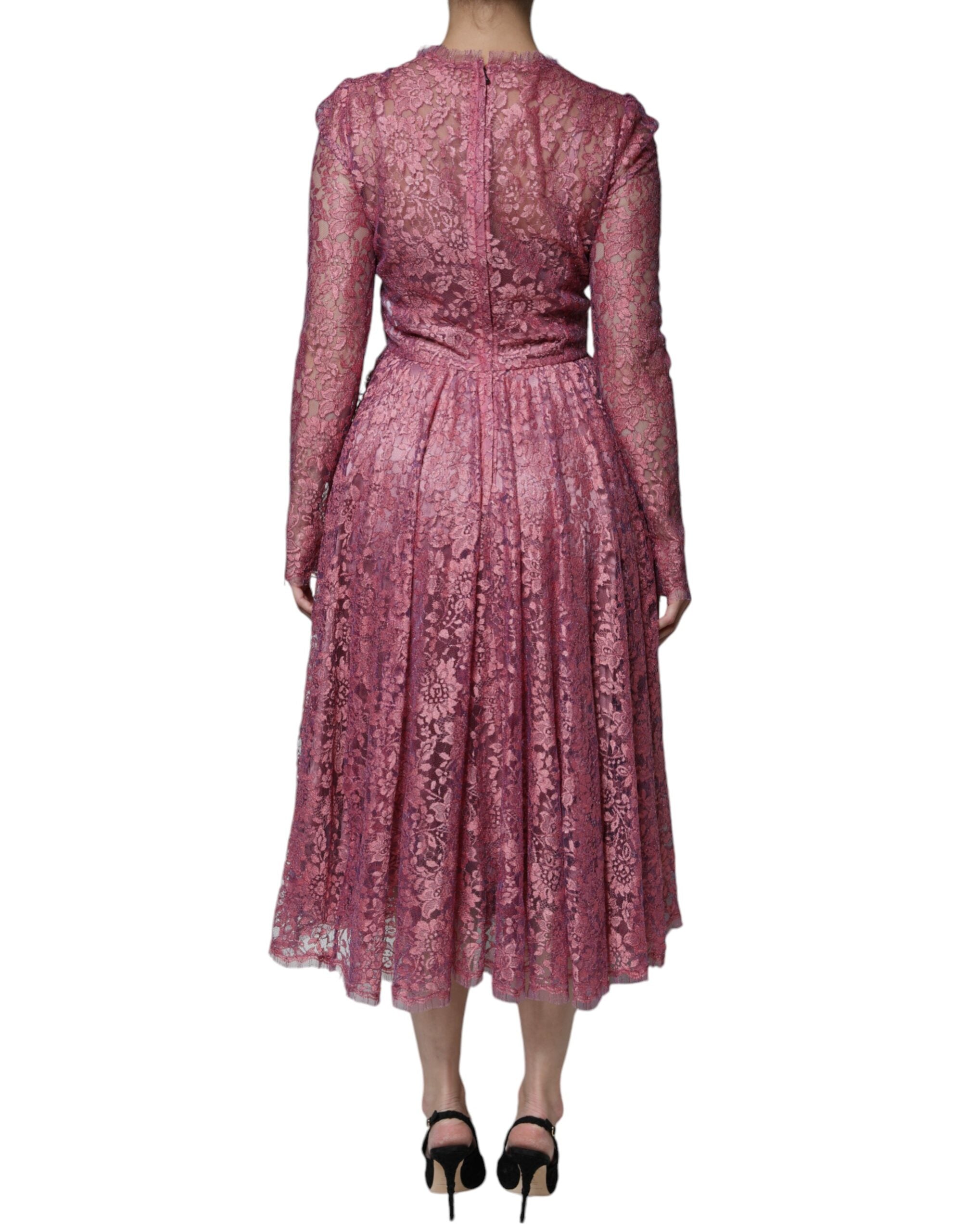 Dolce & Gabbana Pink Floral Lace Long Sleeve Midi Dress Dolce & Gabbana