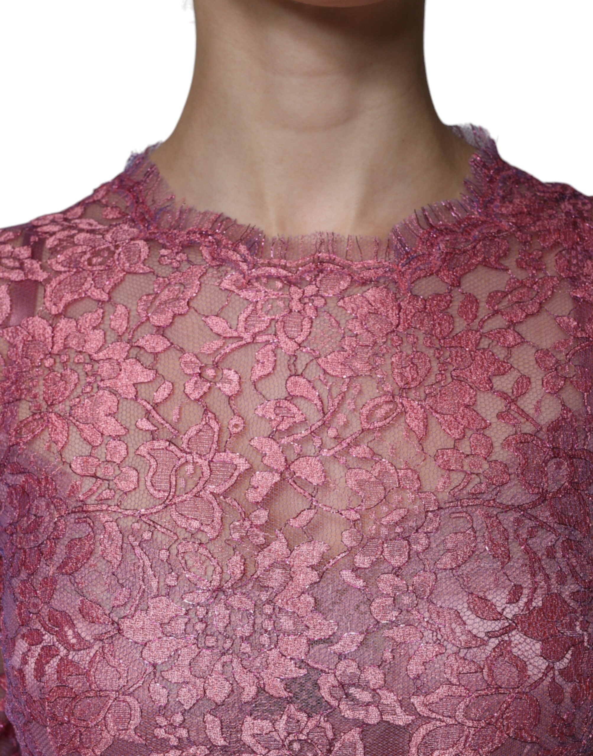 Dolce & Gabbana Pink Floral Lace Long Sleeve Midi Dress Dolce & Gabbana