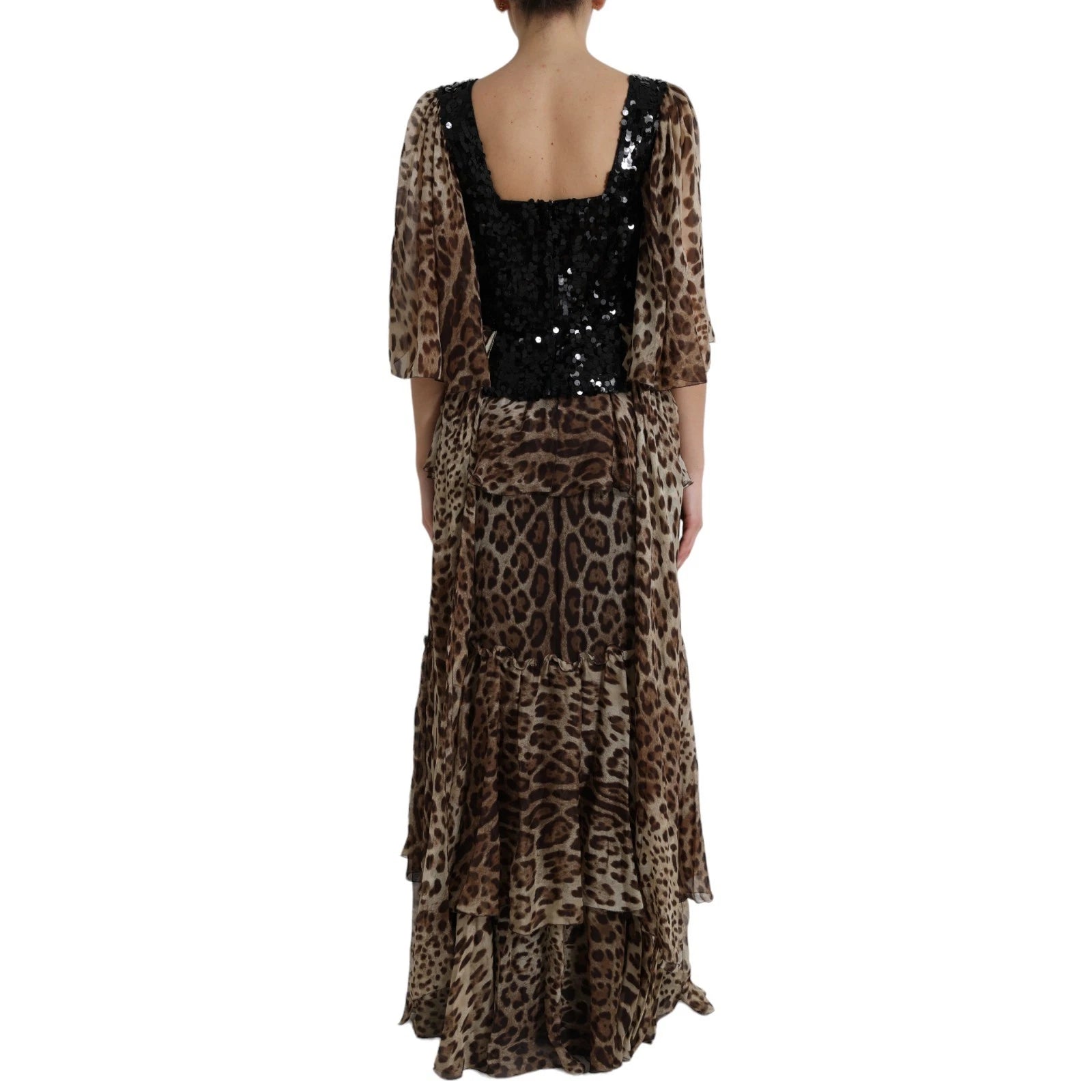 Dolce & Gabbana Leopard Print Silk Sequin Ruffle Maxi Dress Dolce & Gabbana
