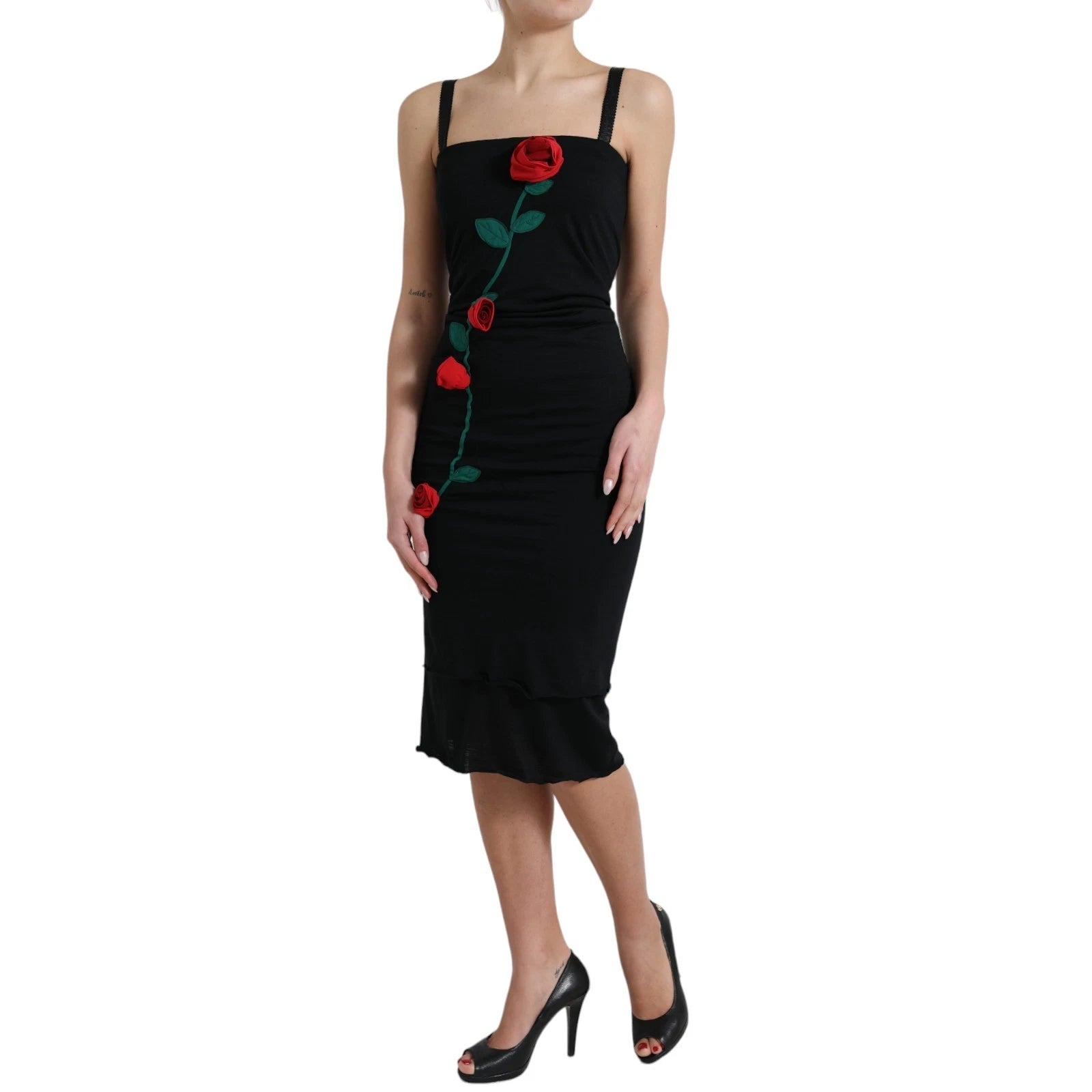 Dolce & Gabbana Black Wool Sleeveless Rose Applique Dress Dolce & Gabbana