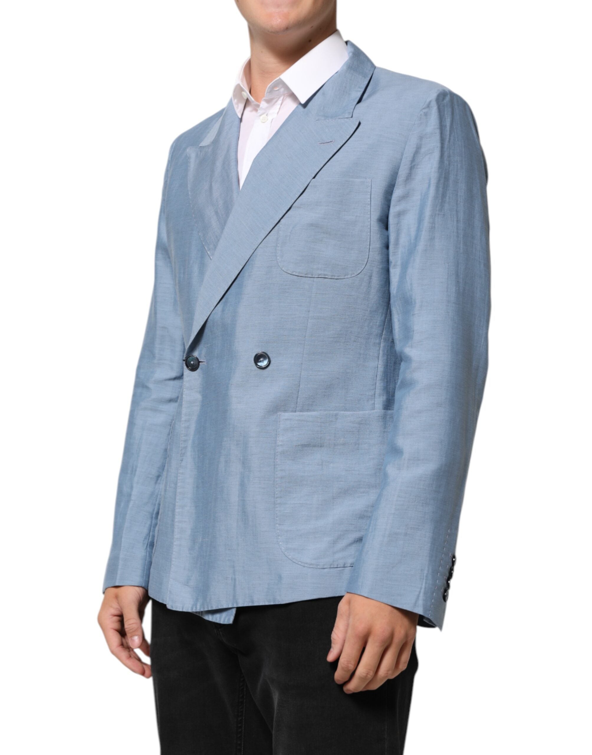 Dolce & Gabbana Light Blue Linen Double Breasted Men Jacket Blazer Dolce & Gabbana
