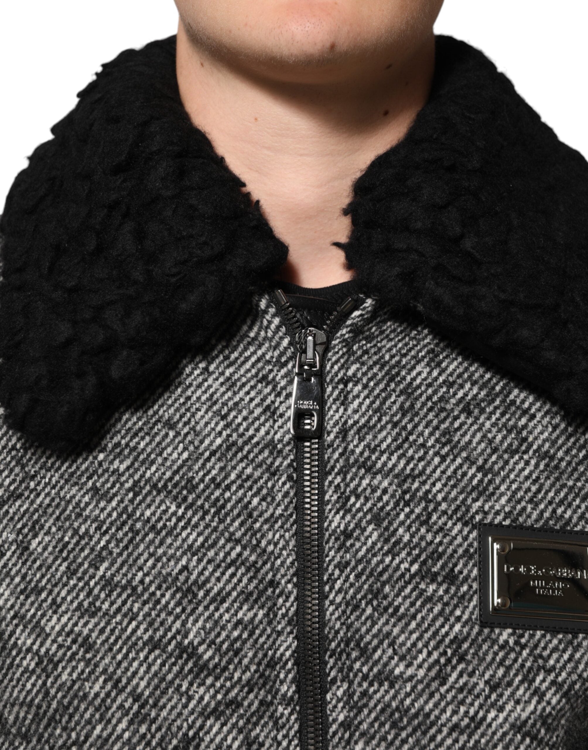 Dolce & Gabbana Gray Wool Herringbone Shearling Collar Bomber Jacket Dolce & Gabbana