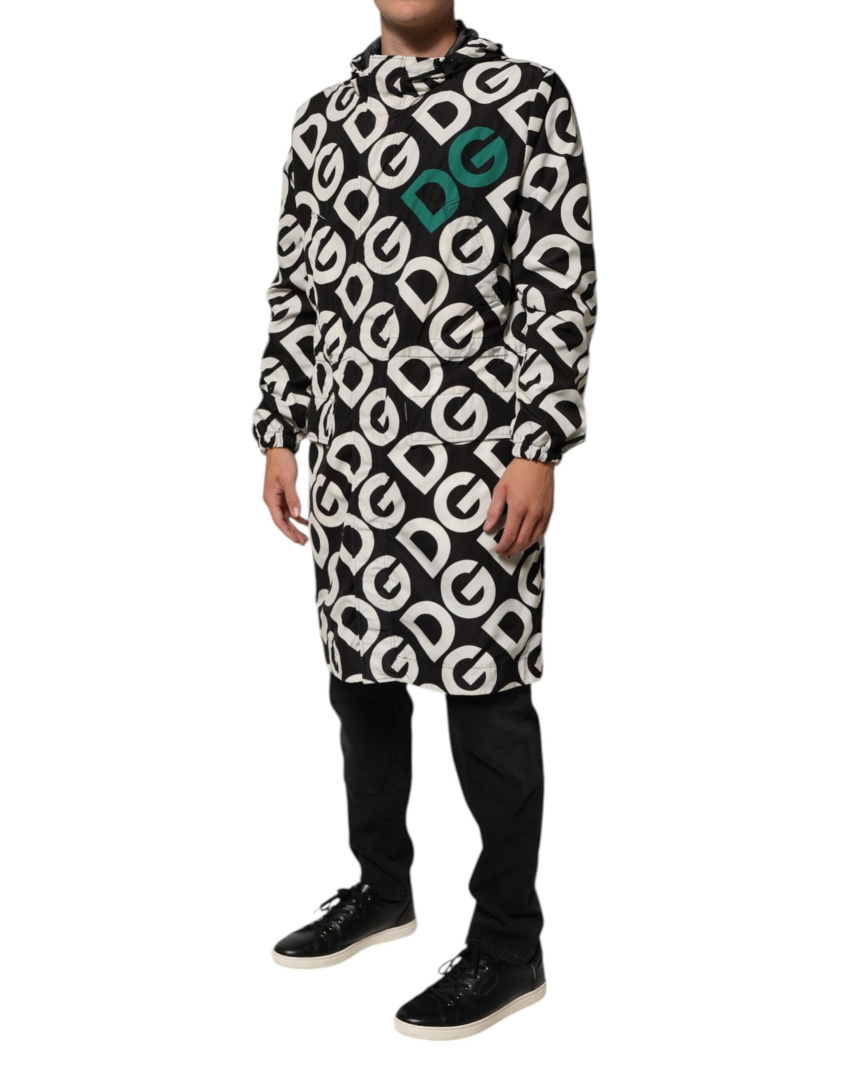 Dolce & Gabbana Black White Logo Print Hooded Coat Men Jacket
