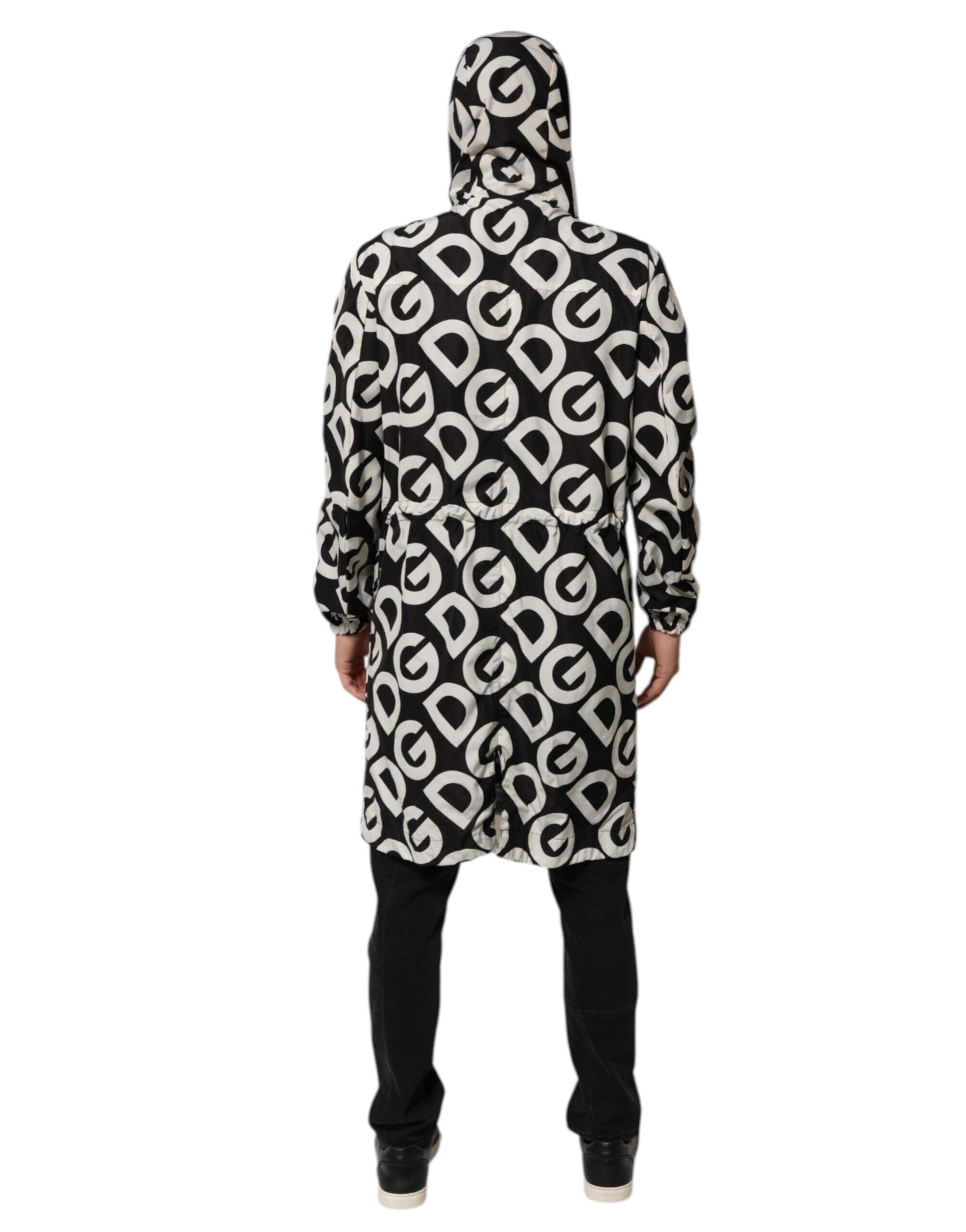 Dolce & Gabbana Black White Logo Print Hooded Coat Men Jacket Dolce & Gabbana