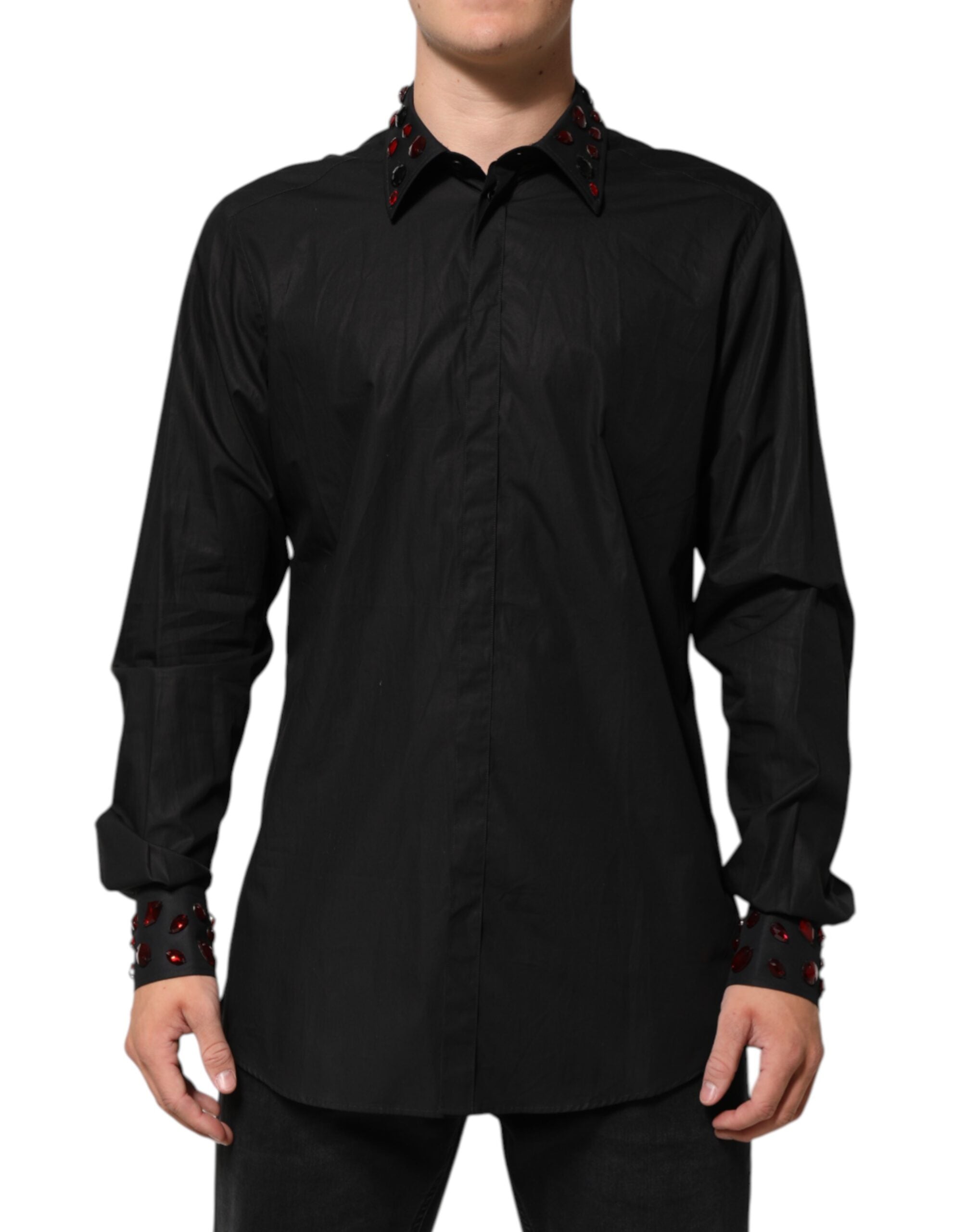 Dolce & Gabbana Black Cotton Embellished Collar Men’s Shirt Dolce & Gabbana