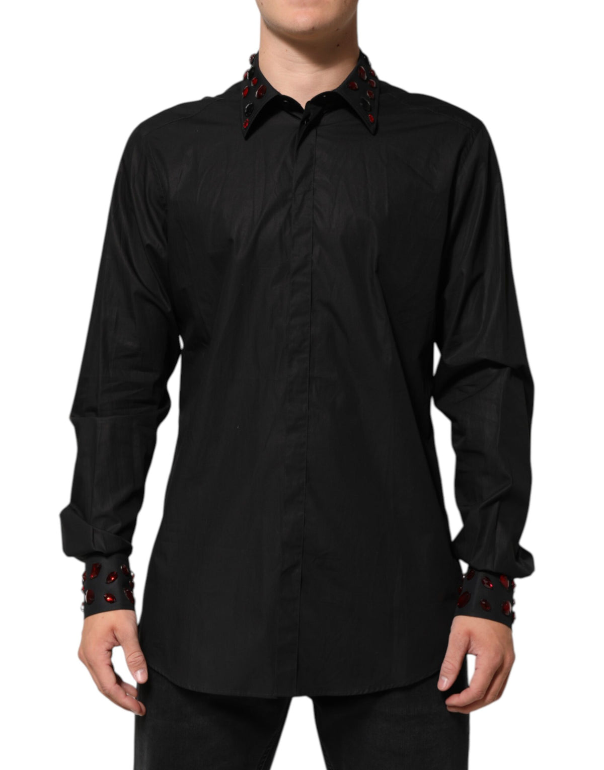 Dolce & Gabbana Black Cotton Embellished Collar Men’s Shirt