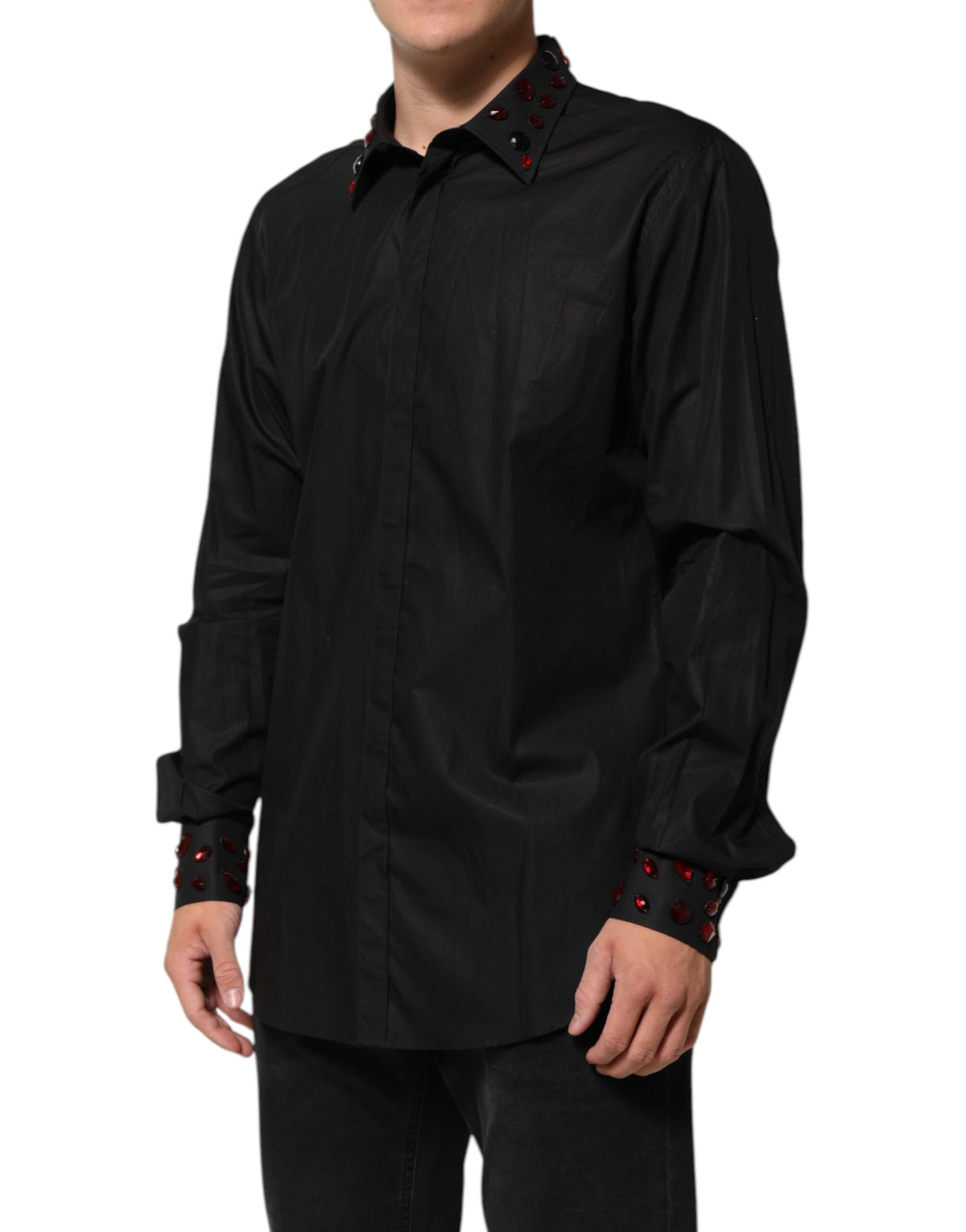 Dolce & Gabbana Black Cotton Embellished Collar Men’s Shirt