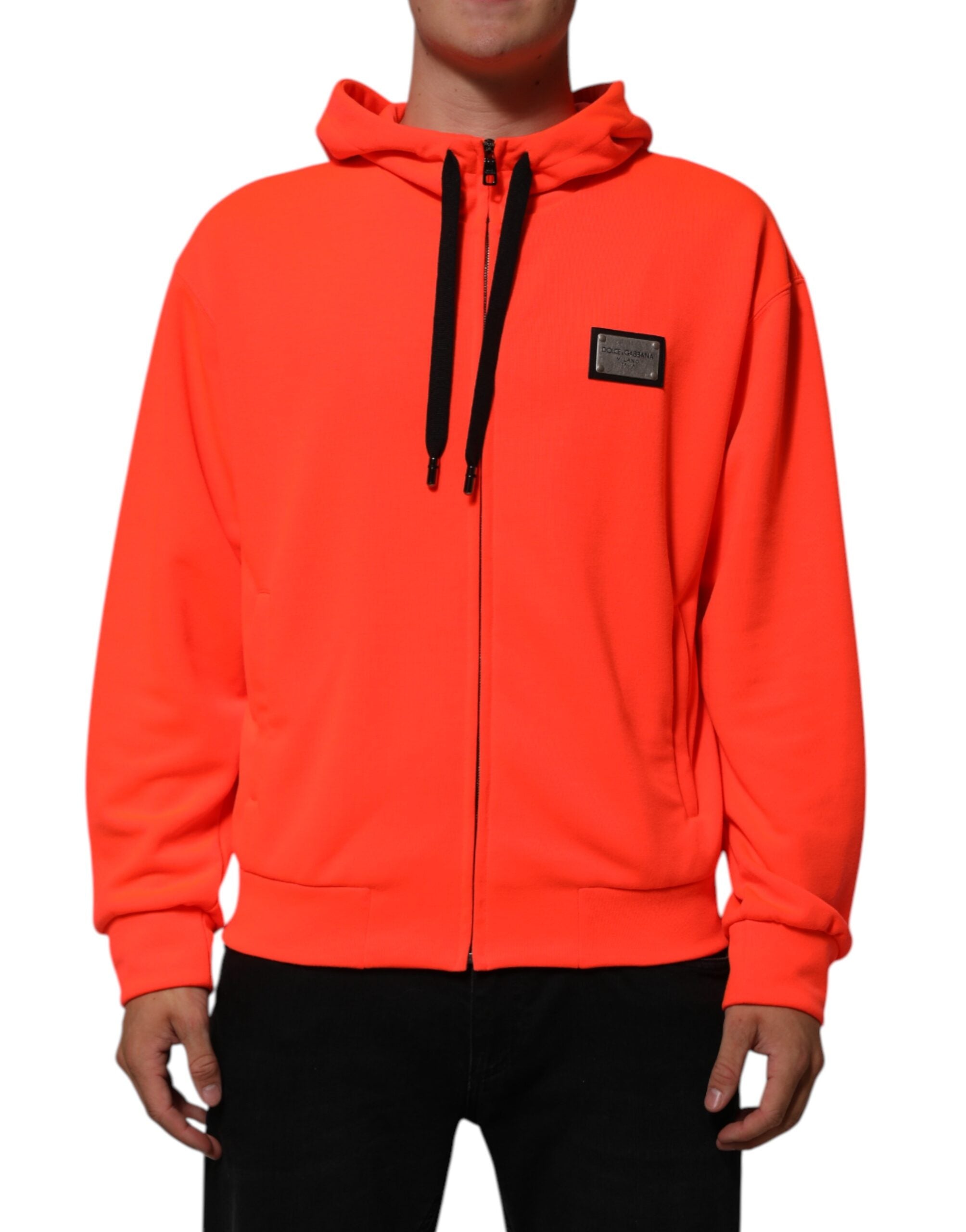 Dolce & Gabbana Red Fluorescent Polyester Logo Patch Hoodie Sweater Dolce & Gabbana
