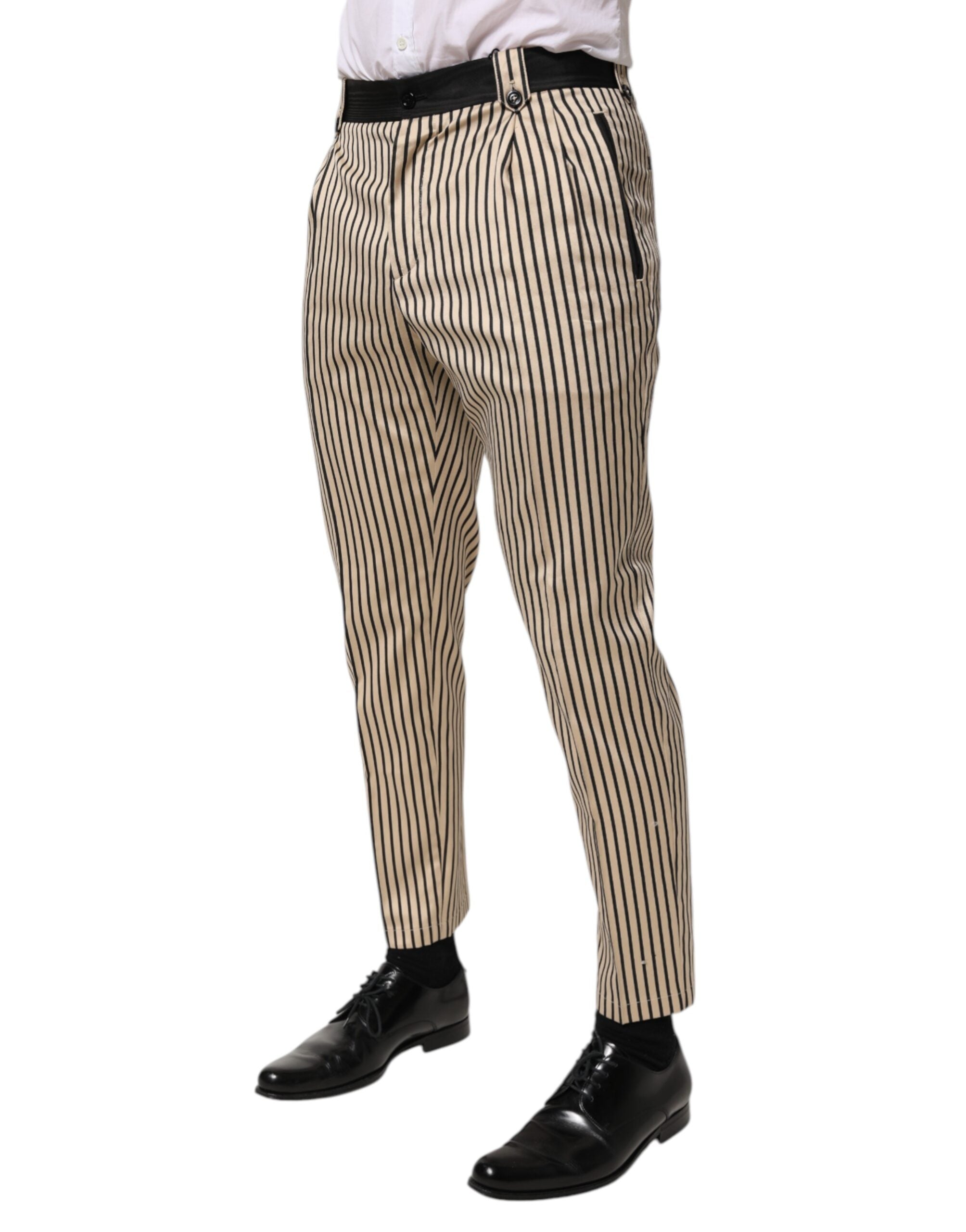 Dolce & Gabbana Beige Black Striped Cotton Slim Fit Trousers Pants Dolce & Gabbana