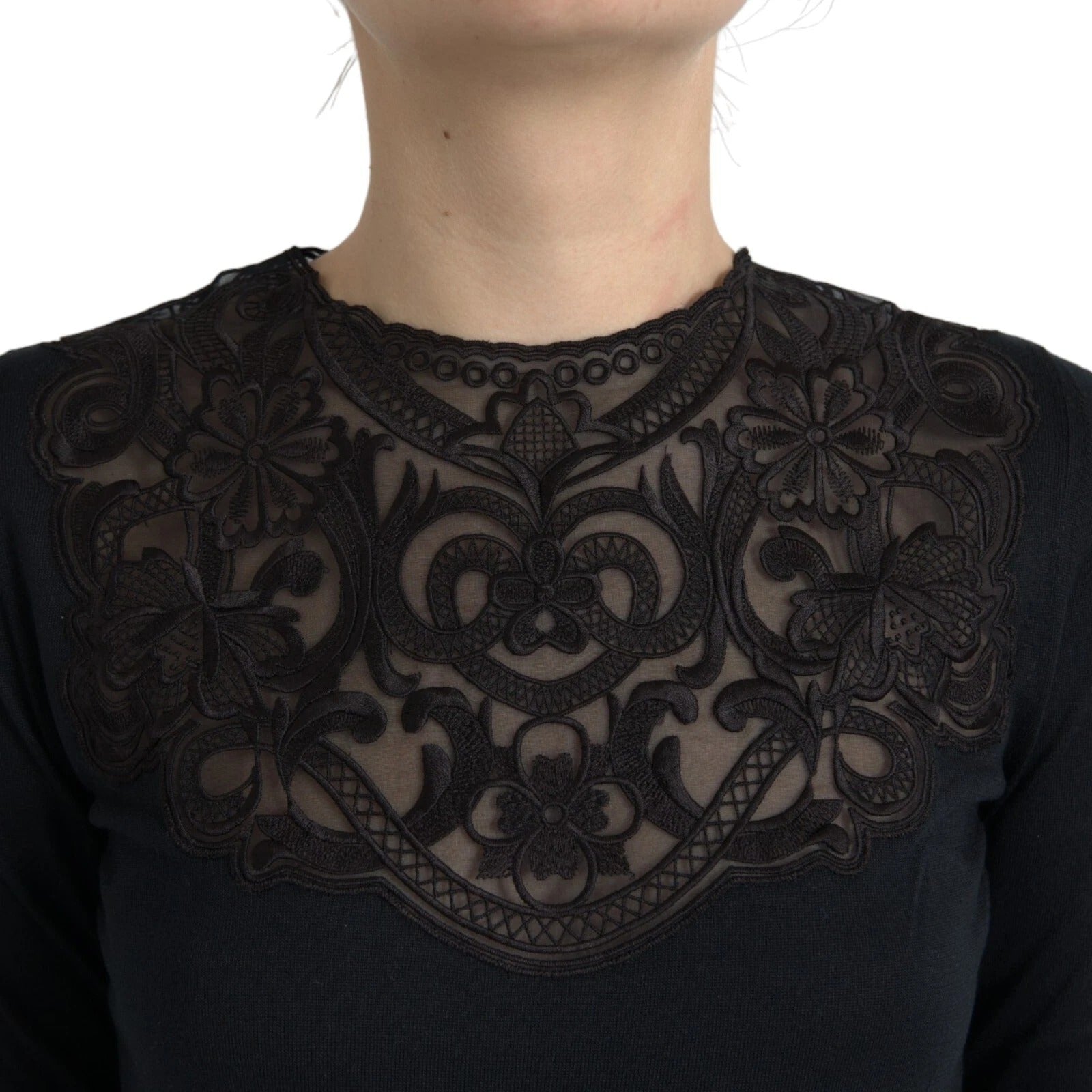 Dolce & Gabbana Black Silk Lace Trim Long Sleeves Blouse Top Dolce & Gabbana