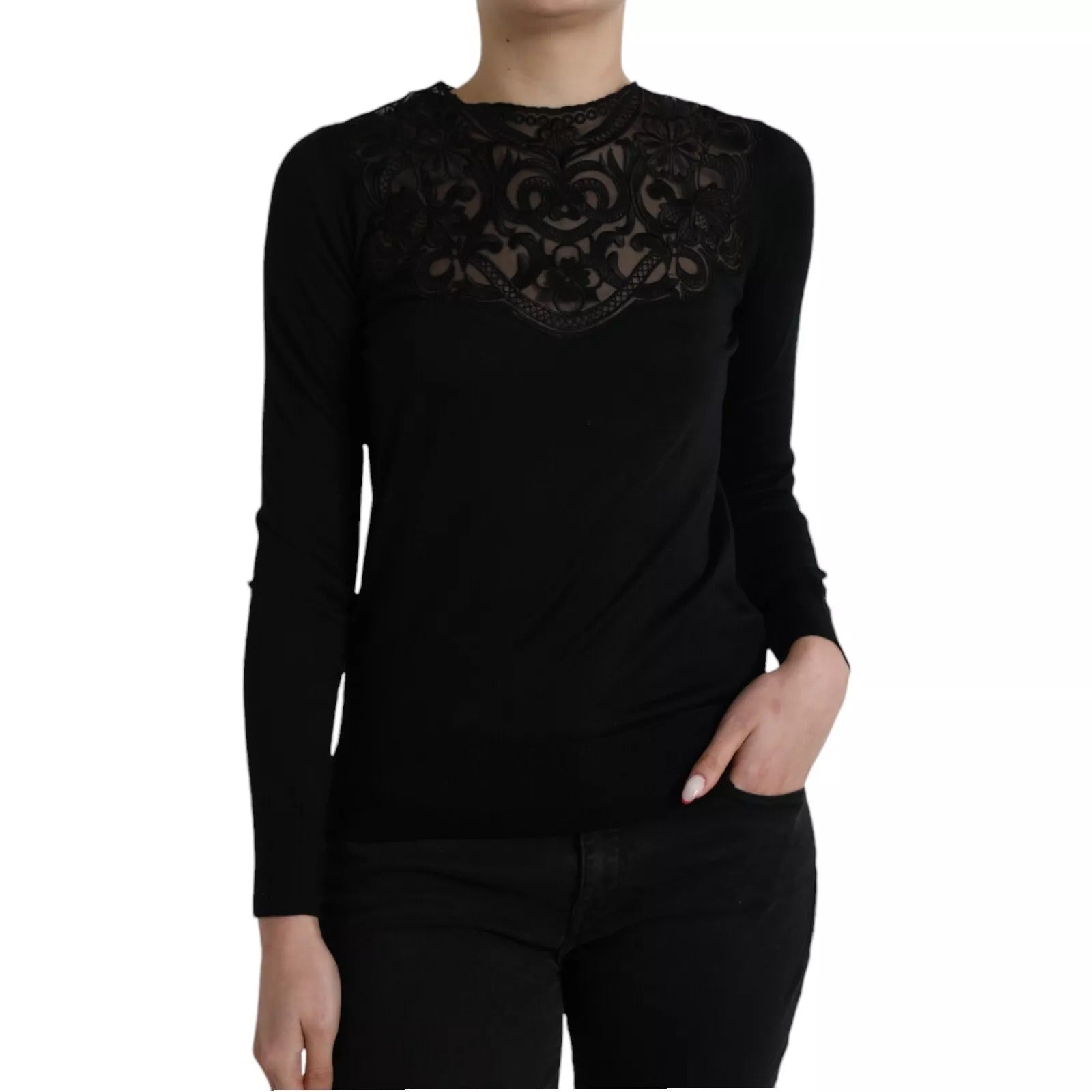 Dolce & Gabbana Black Silk Lace Trim Long Sleeves Blouse Top Dolce & Gabbana