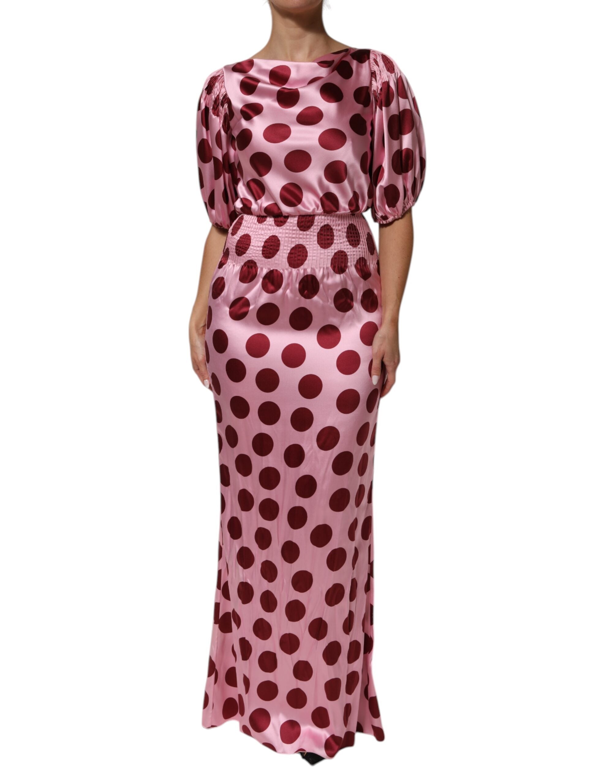 Dolce & Gabbana Pink Red Polka Dot Silk Satin Maxi Gown Dress Dolce & Gabbana