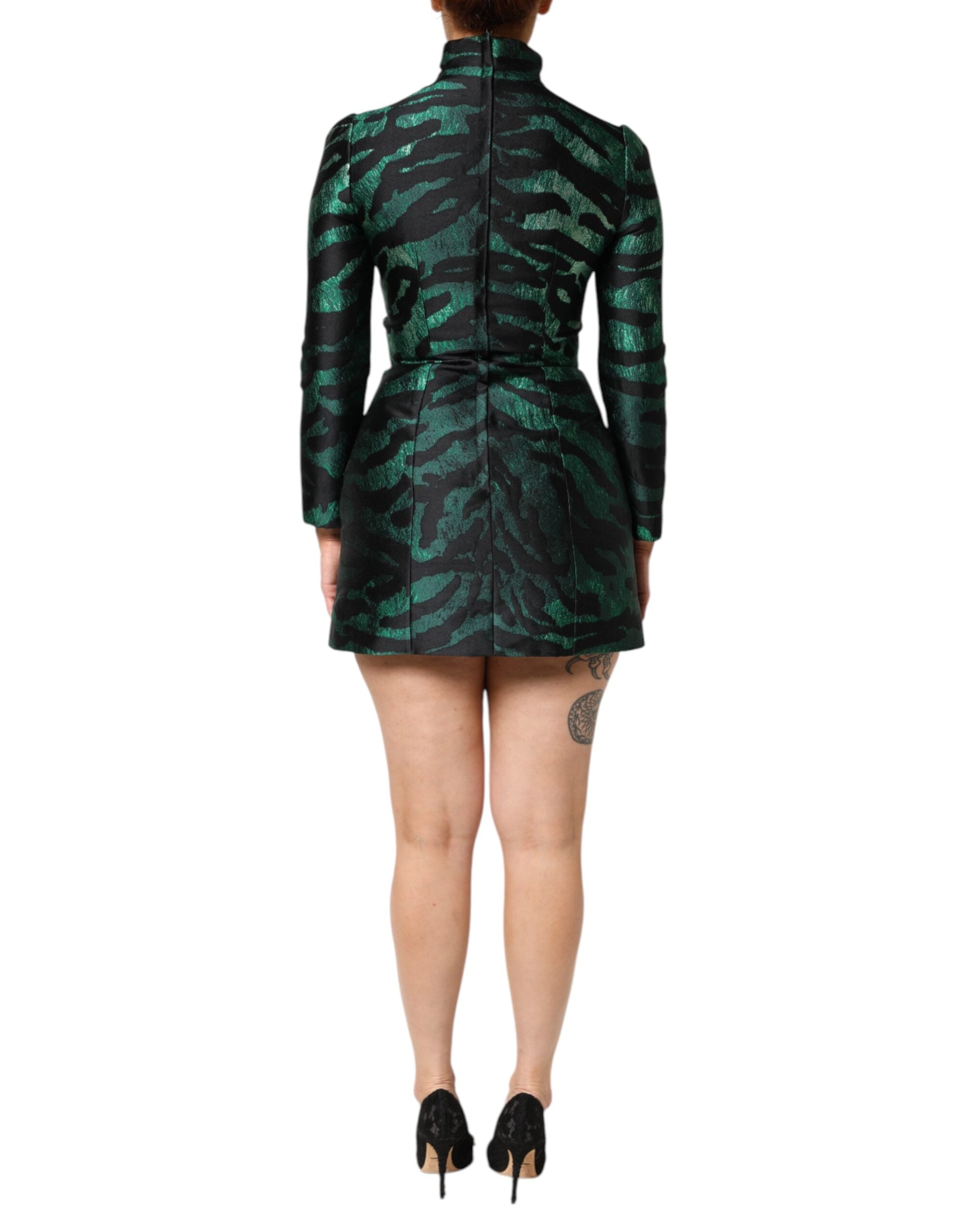 Dolce & Gabbana Black Green Metallic Jacquard Mini Long Dress Dolce & Gabbana