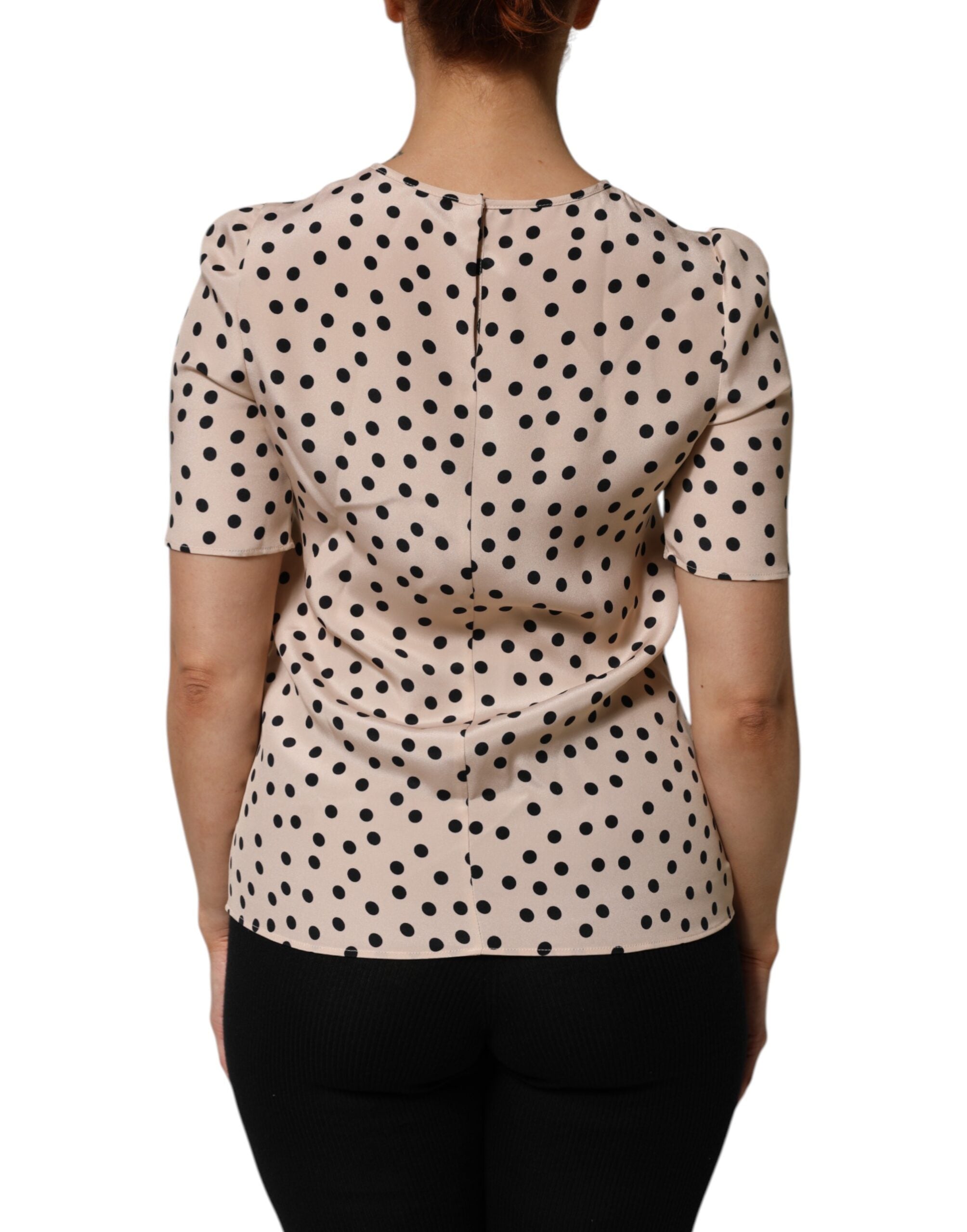 Dolce & Gabbana Beige Black Polka Dot Silk Short Sleeve Blouse Top Dolce & Gabbana