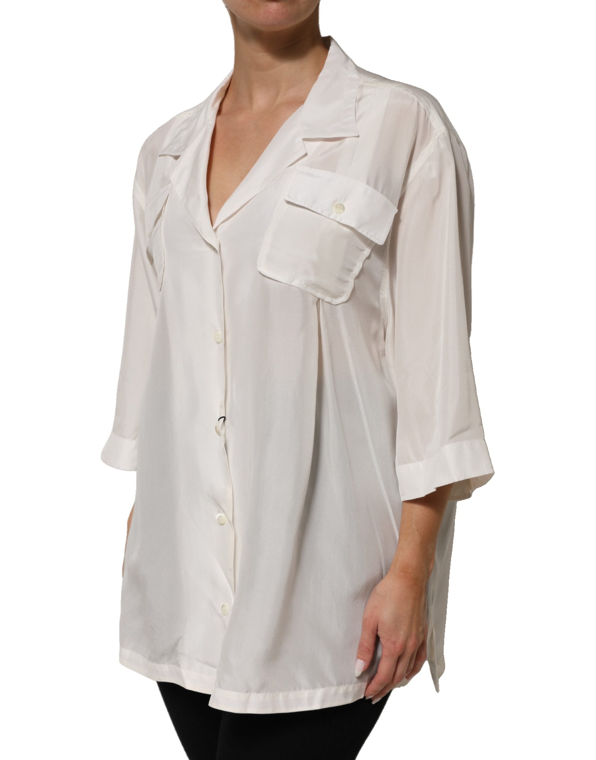 Dolce & Gabbana White Silk Collared 3/4 Sleeves Blouse Top Dolce & Gabbana