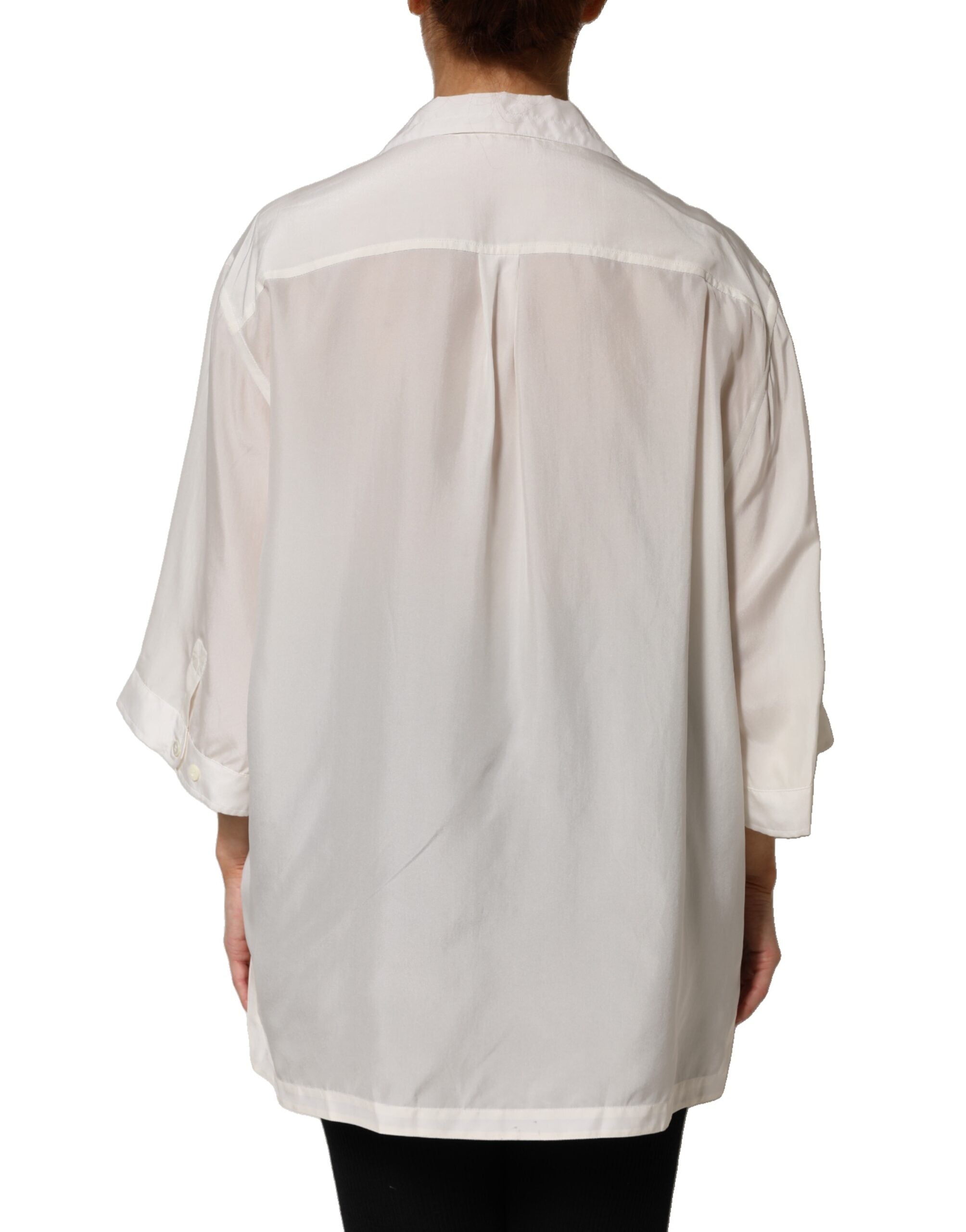 Dolce & Gabbana White Silk Collared 3/4 Sleeves Blouse Top Dolce & Gabbana