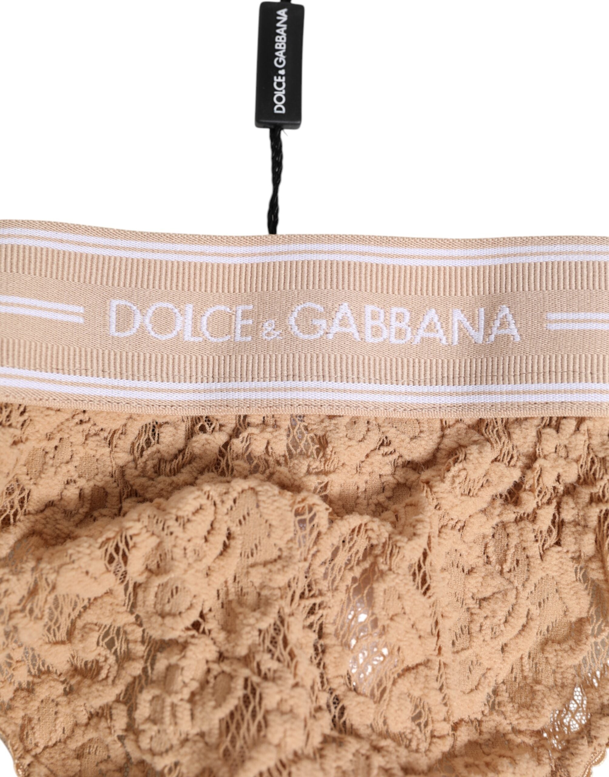 Dolce & Gabbana Beige Lace Logo Elastic Waist Thong Tanga Underwear Dolce & Gabbana