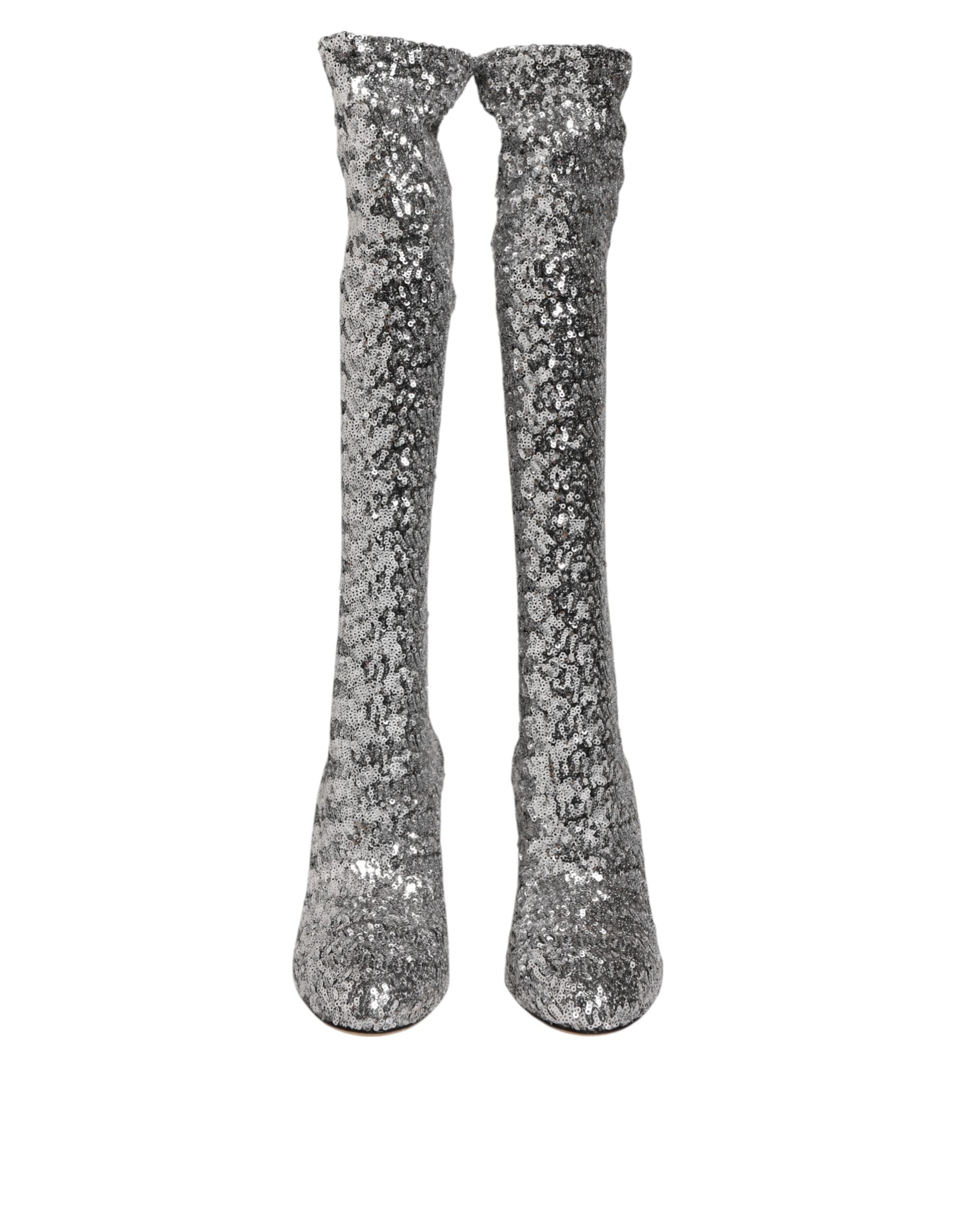 Dolce & Gabbana Shoes Silver Sequins Glitter High Heel Boot Shoes Dolce & Gabbana