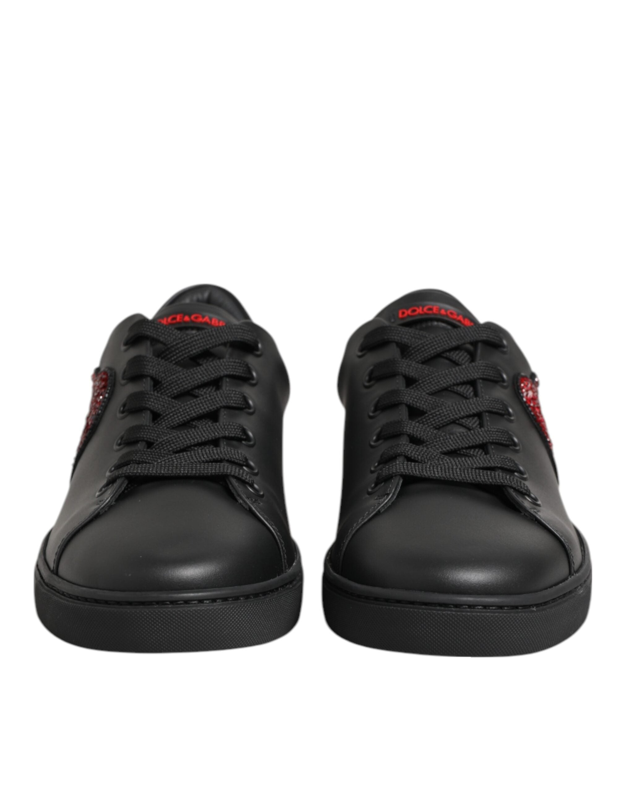 Dolce & Gabbana Black Leather Crystal Heart Low Top Sneakers Shoes Dolce & Gabbana