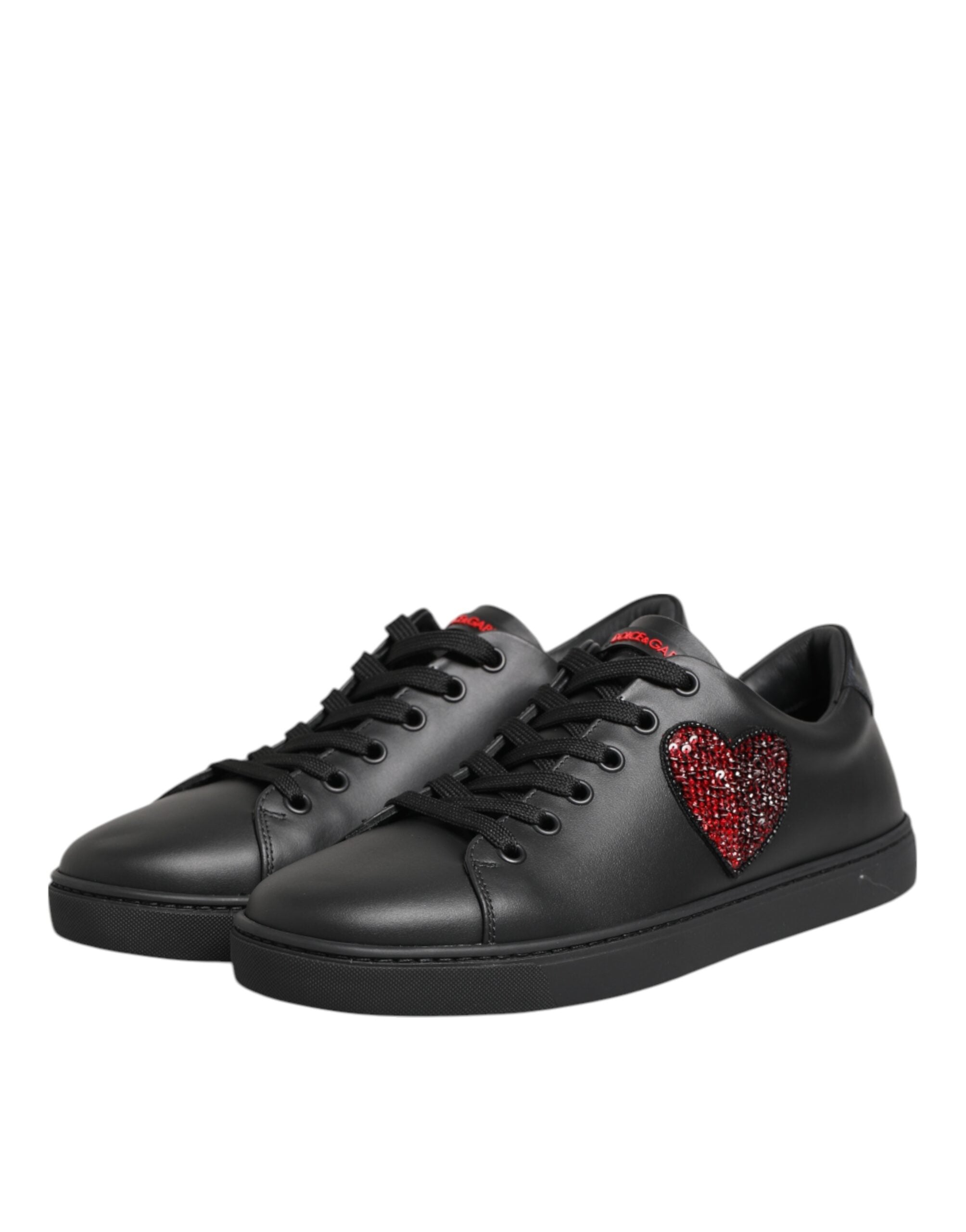 Dolce & Gabbana Black Leather Crystal Heart Low Top Sneakers Shoes Dolce & Gabbana