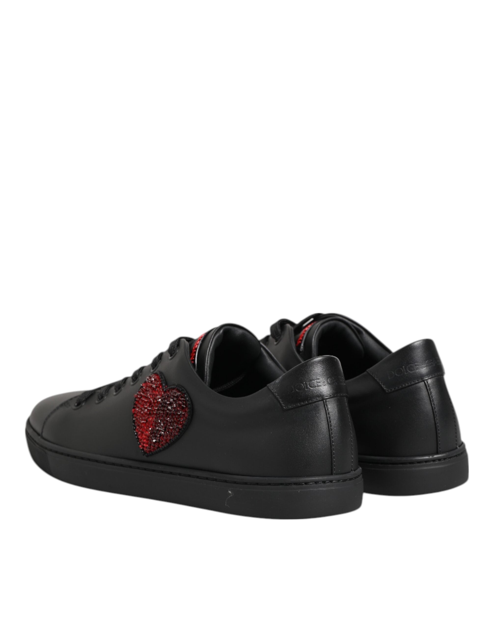 Dolce & Gabbana Black Leather Crystal Heart Low Top Sneakers Shoes Dolce & Gabbana
