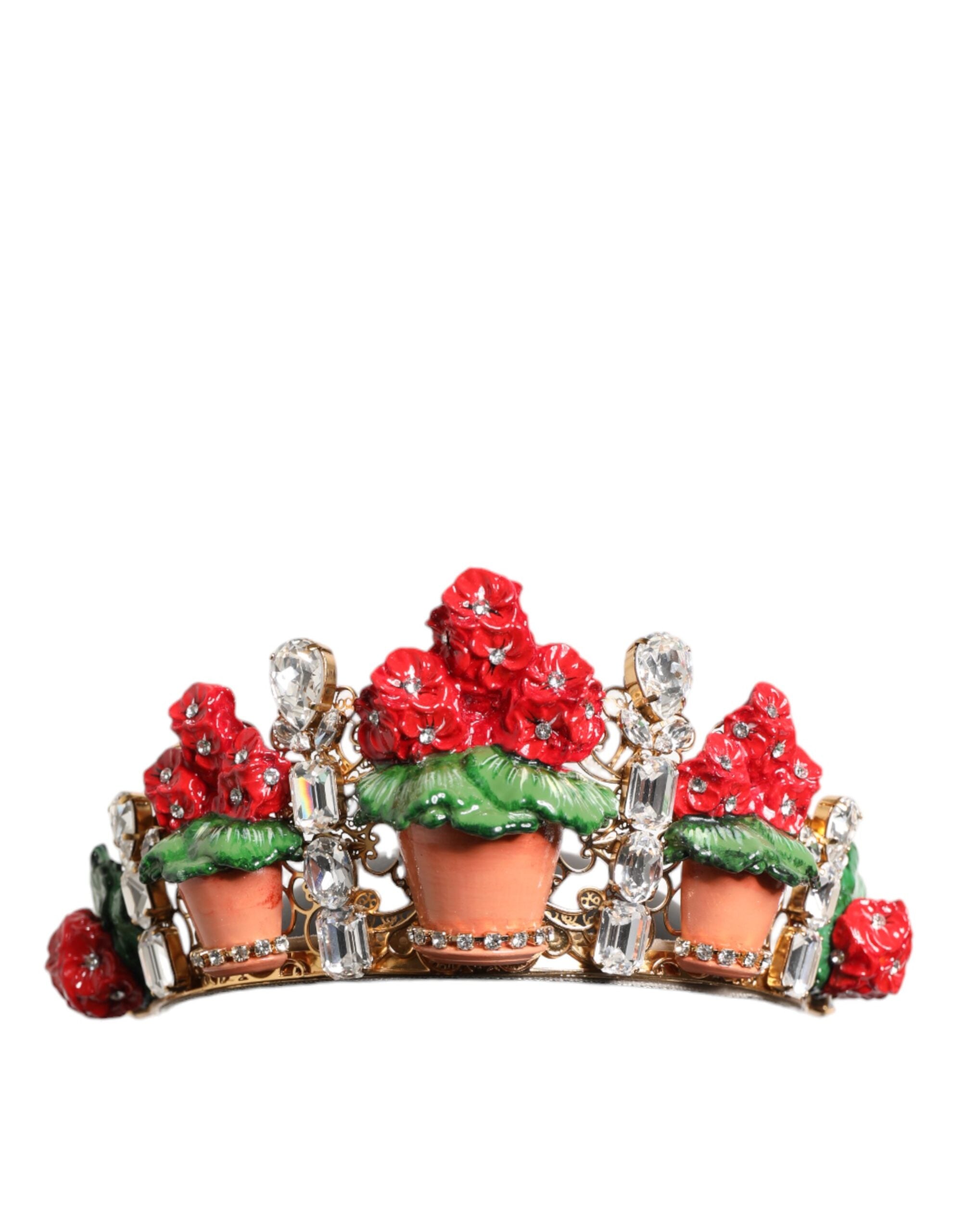 Dolce & Gabbana Red Floral Flowerpot Crystal Gold Crown Tiara Headband Dolce & Gabbana
