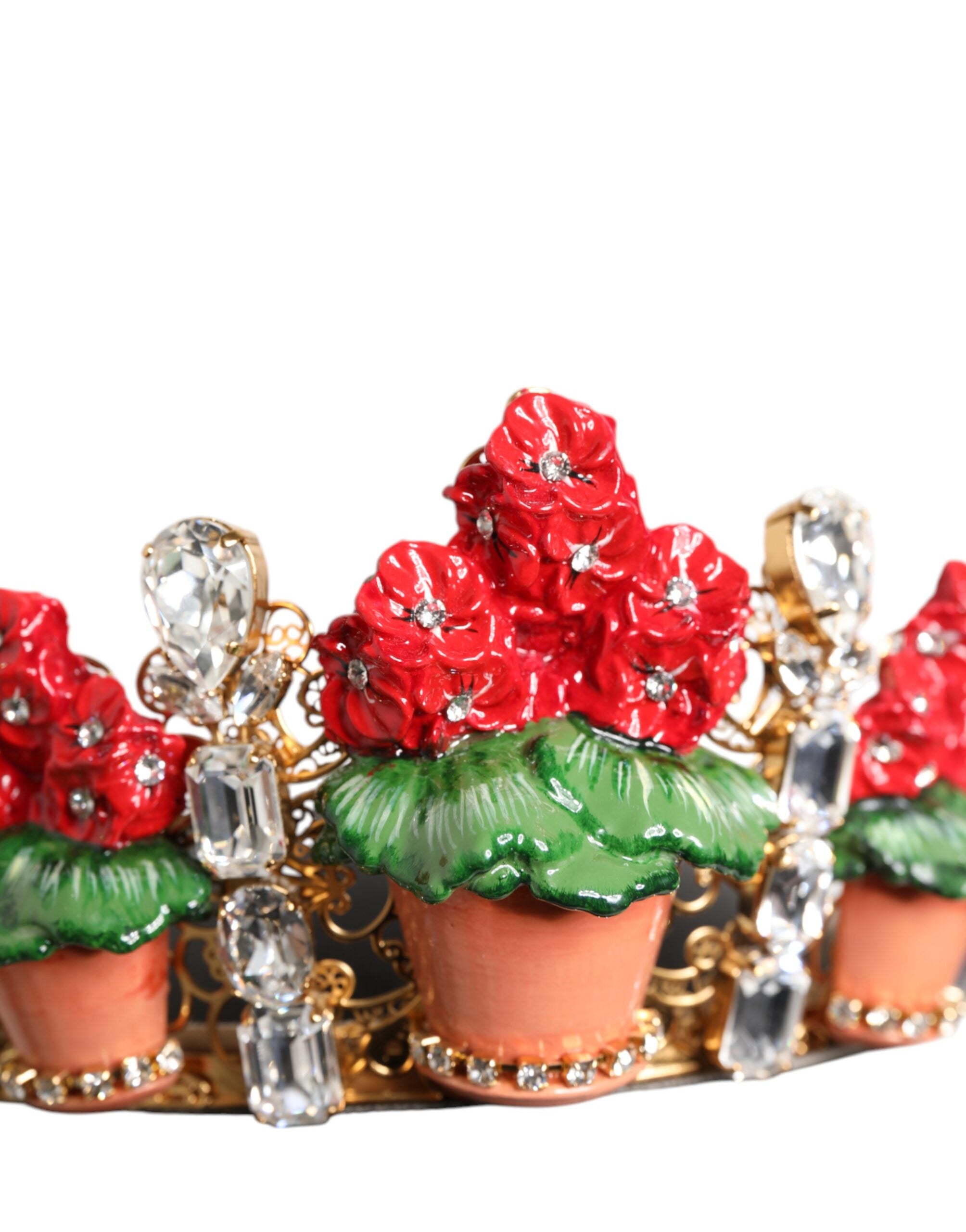 Dolce & Gabbana Red Floral Flowerpot Crystal Gold Crown Tiara Headband Dolce & Gabbana