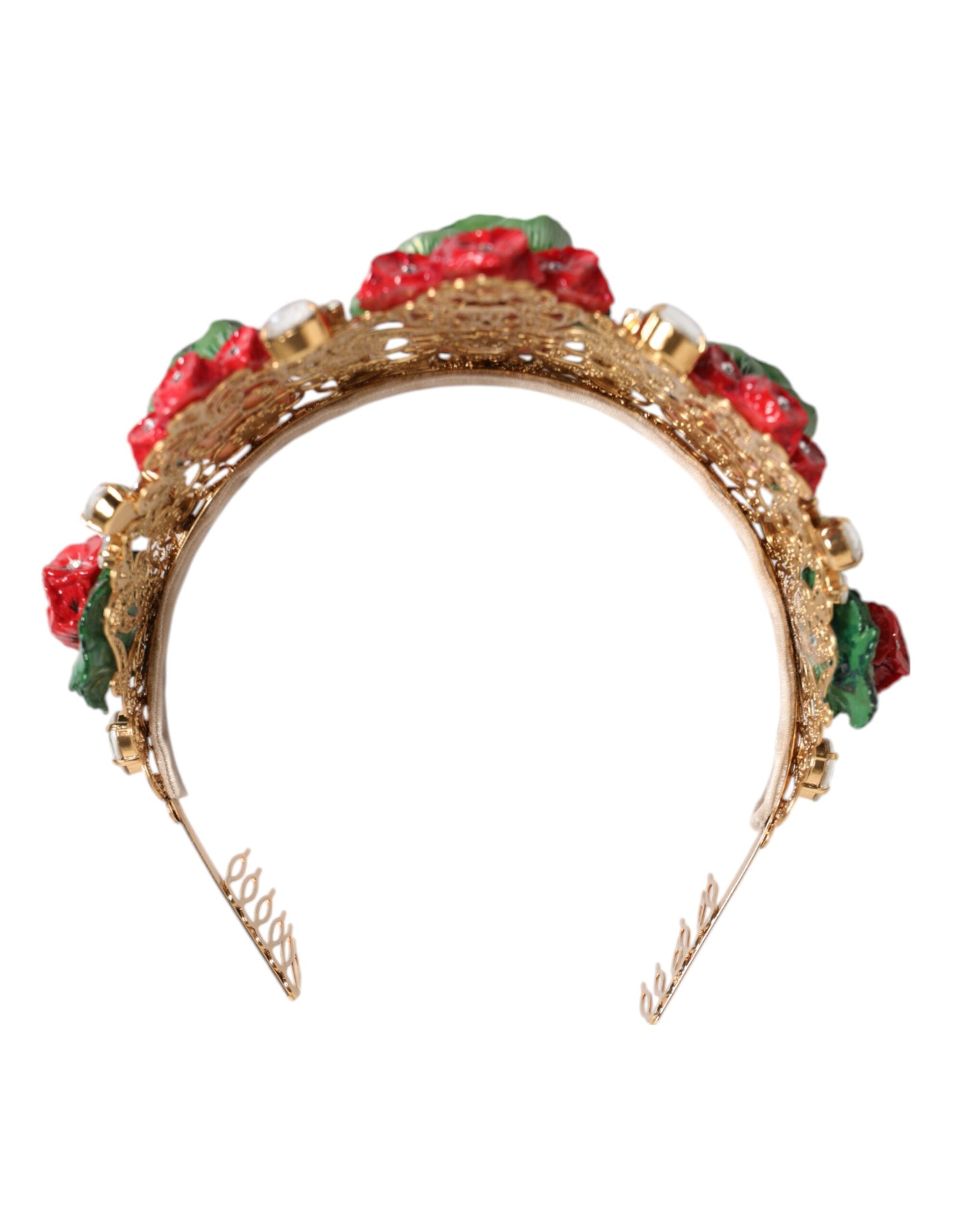 Dolce & Gabbana Red Floral Flowerpot Crystal Gold Crown Tiara Headband Dolce & Gabbana