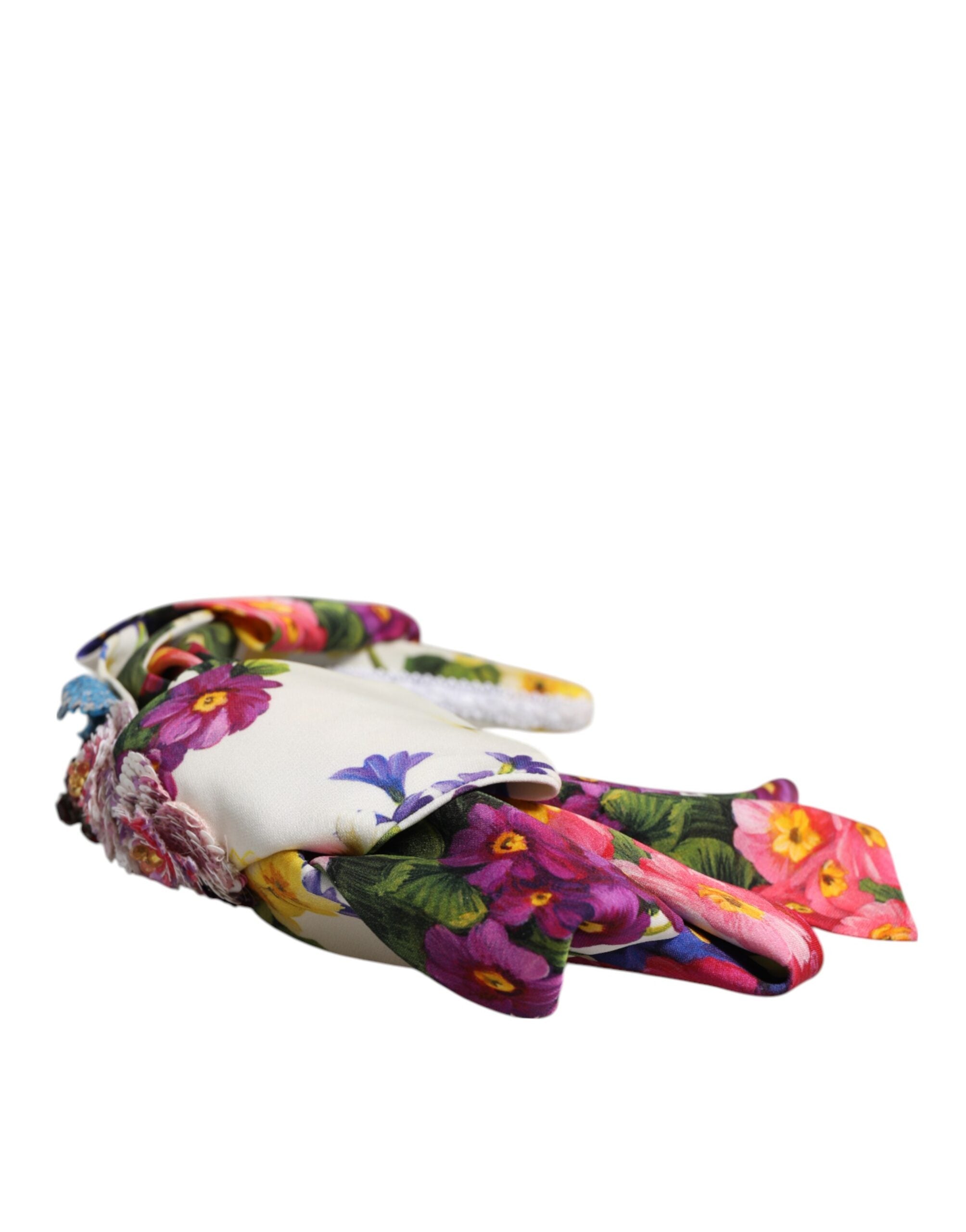 Dolce & Gabbana White Multicolor Floral Silk Bow Crystal Embellished Headband Dolce & Gabbana