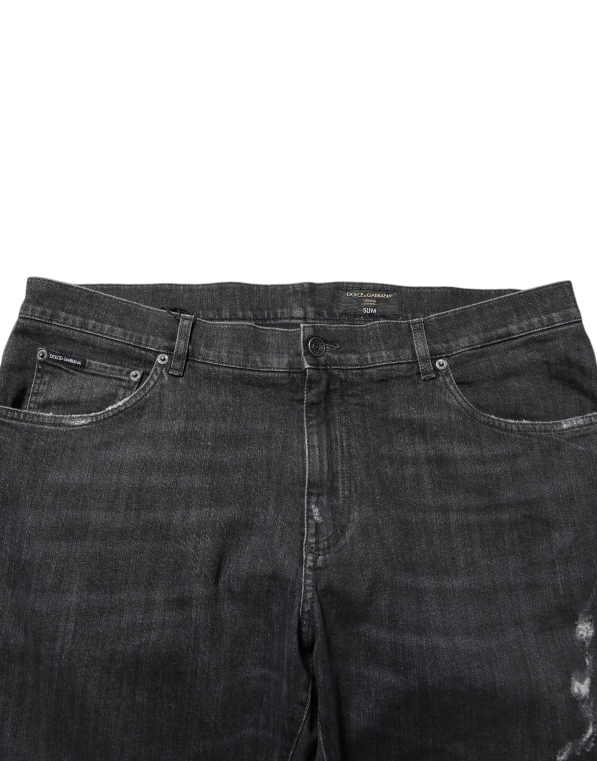 Dolce & Gabbana Black Cotton Slim Fit Distressed Ripped Logo Jeans Dolce & Gabbana