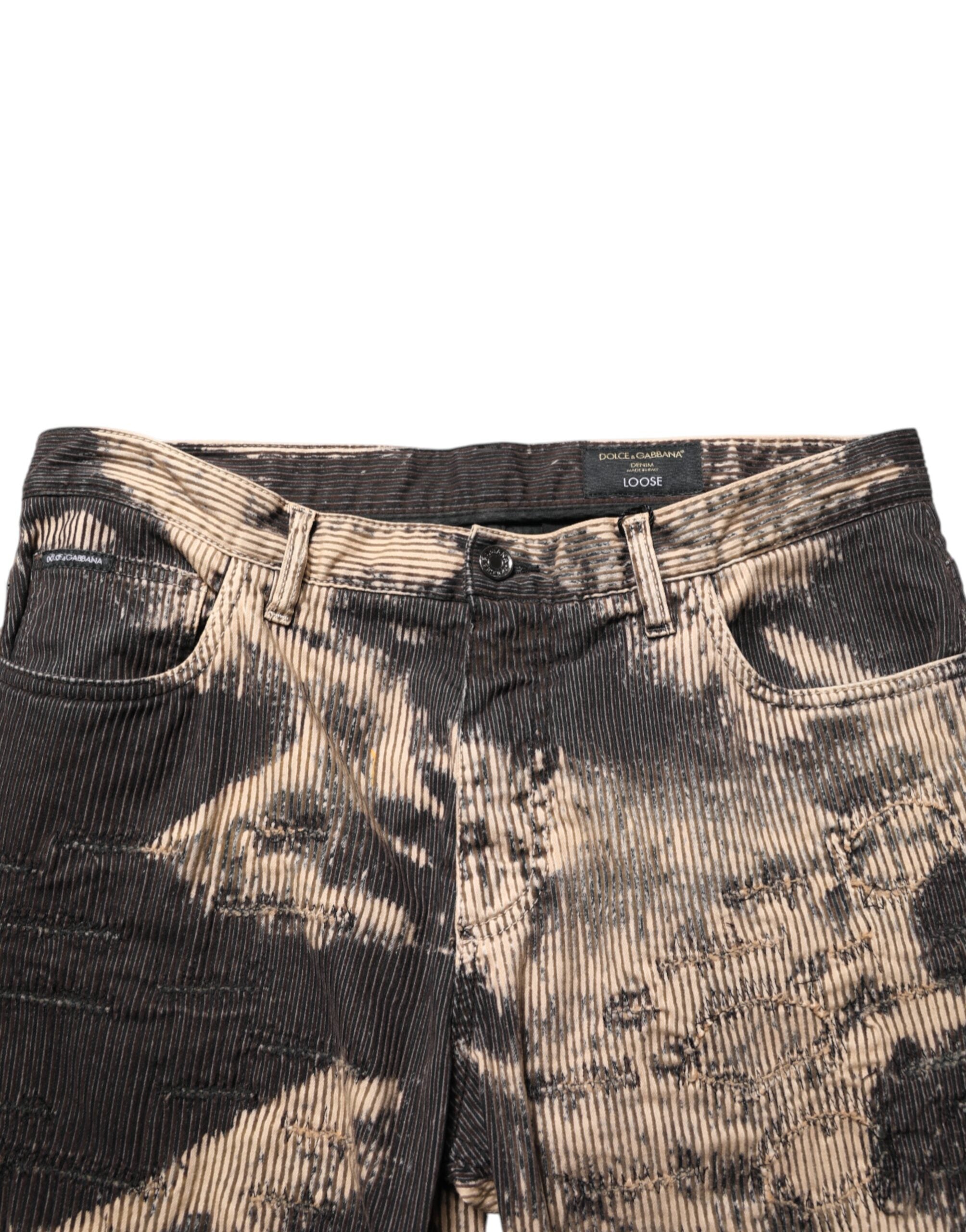 Dolce & Gabbana Beige Black Corduroy Tie-Dye Cotton Blend Pants Dolce & Gabbana