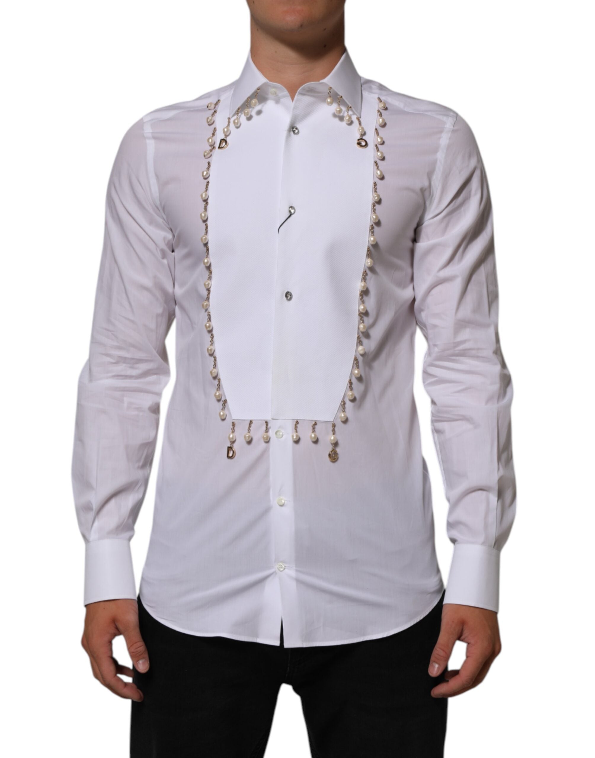 Dolce & Gabbana White Cotton DG Logo Pearl GOLD Formal Shirt Dolce & Gabbana