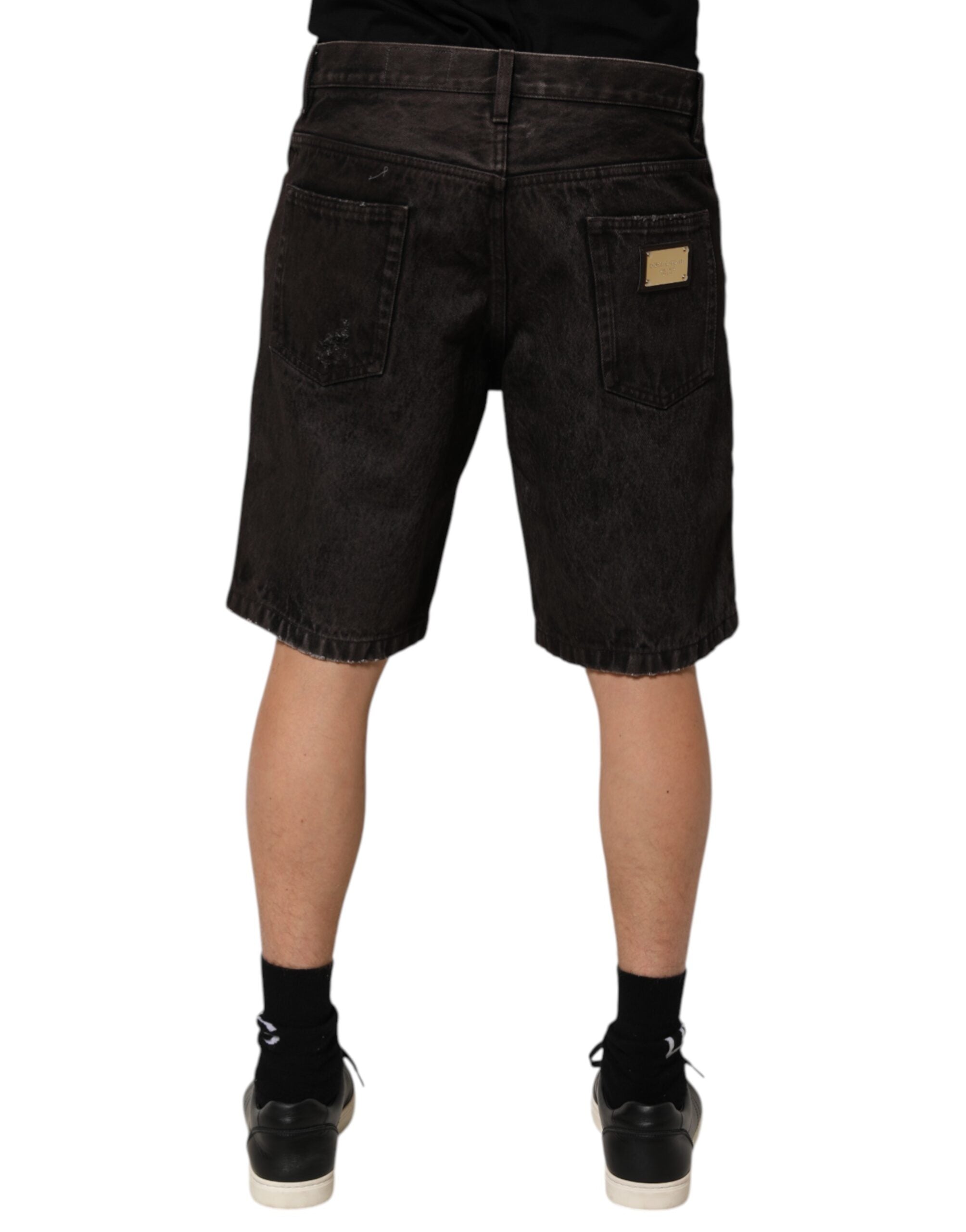 Dolce & Gabbana Black Cotton Tattered Denim Men Bermuda Short Dolce & Gabbana
