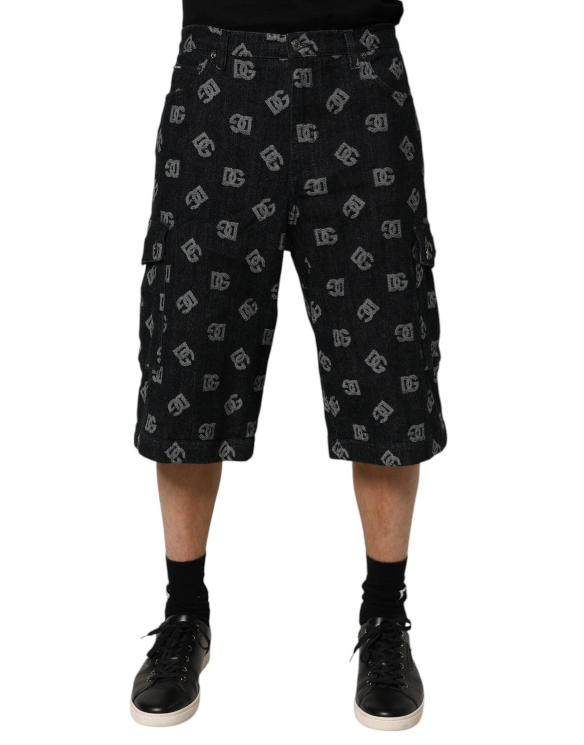 Dolce & Gabbana Black Monogram Denim Cargo Men Bermuda Short