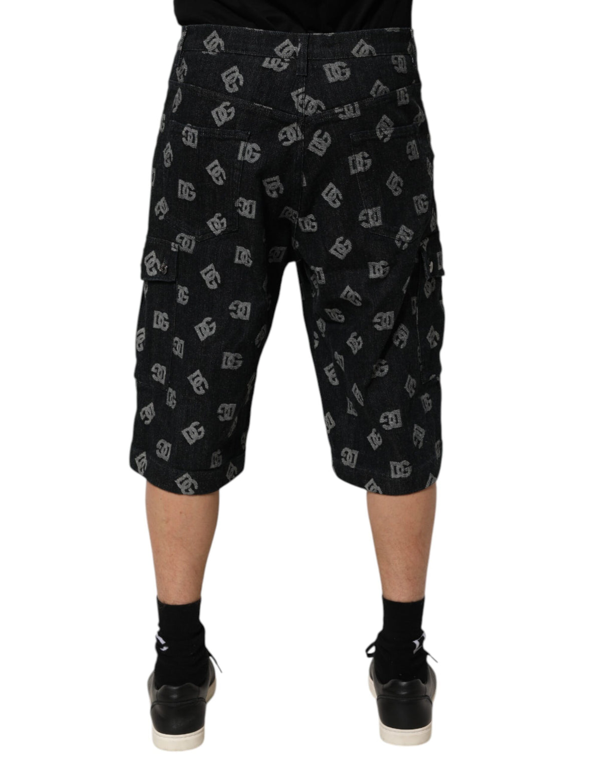 Dolce & Gabbana Black Monogram Denim Cargo Men Bermuda Short