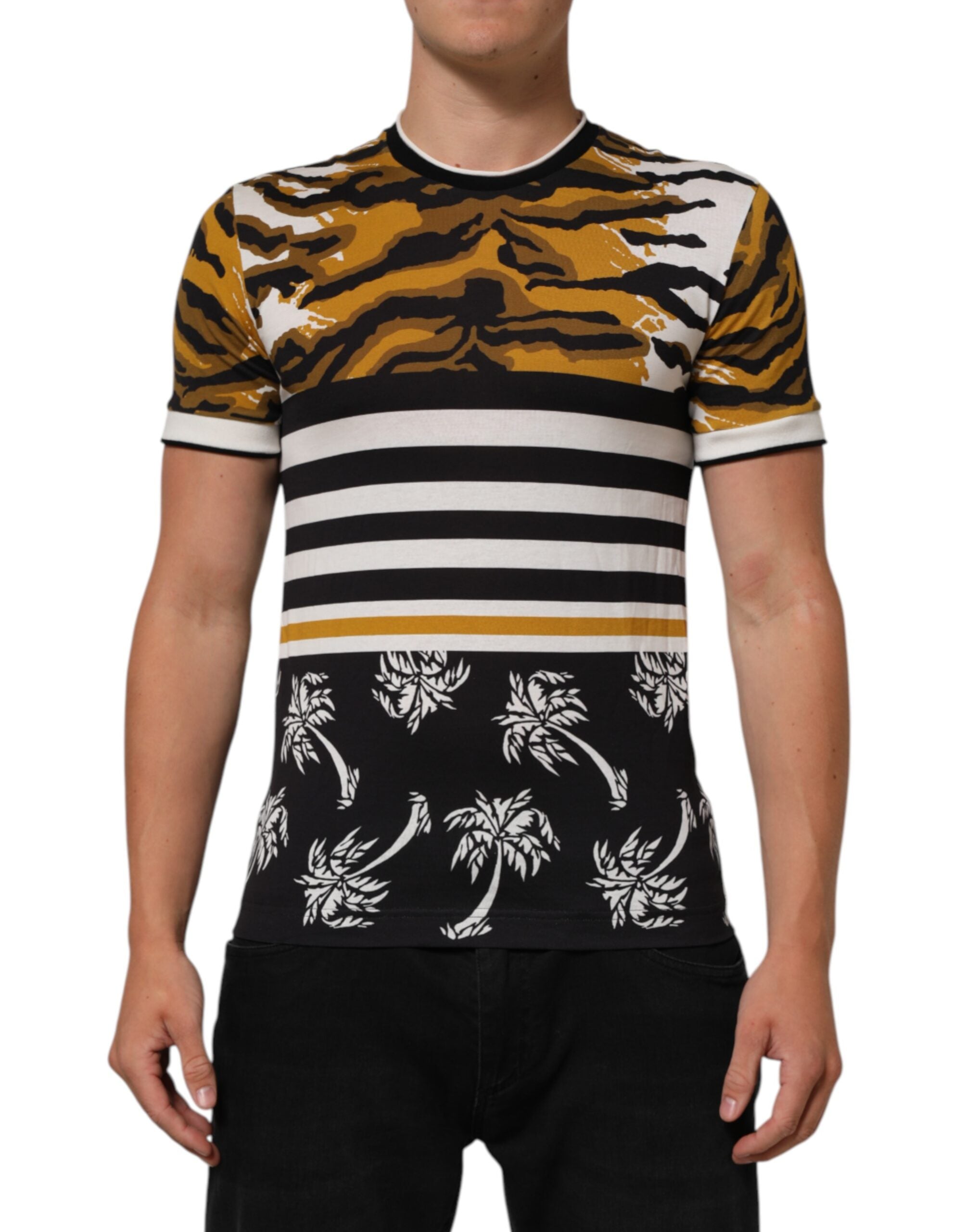 Dolce & Gabbana Multicolor Leopard Palm Leaf Men Crew Neck T-shirt Dolce & Gabbana