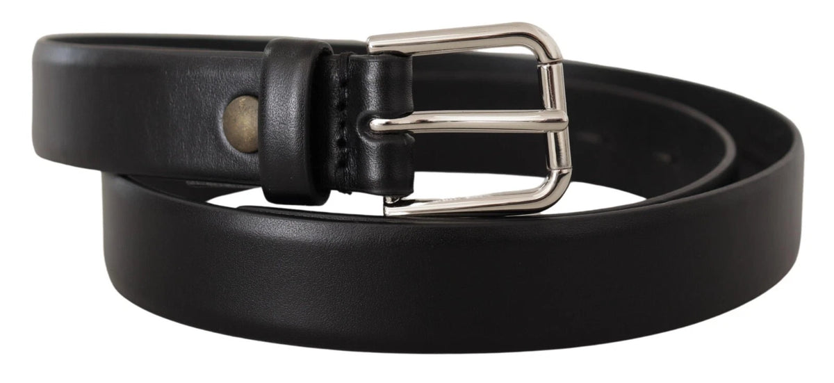 Dolce & Gabbana Black Calf Leather Silver Tone Logo Buckle Belt