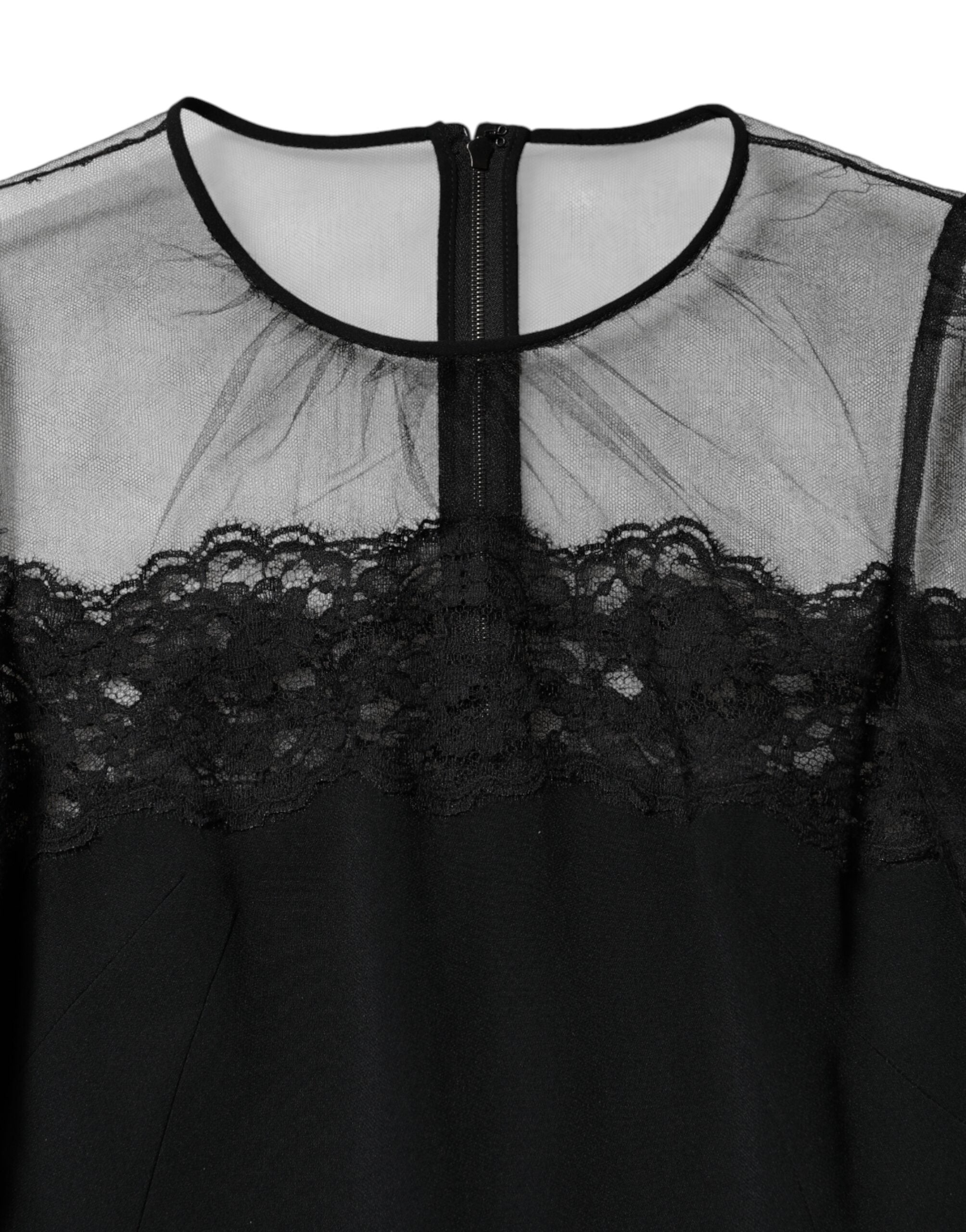 Dolce & Gabbana Black Lace Trim Nylon Tulle SheathMidi Dress Dolce & Gabbana