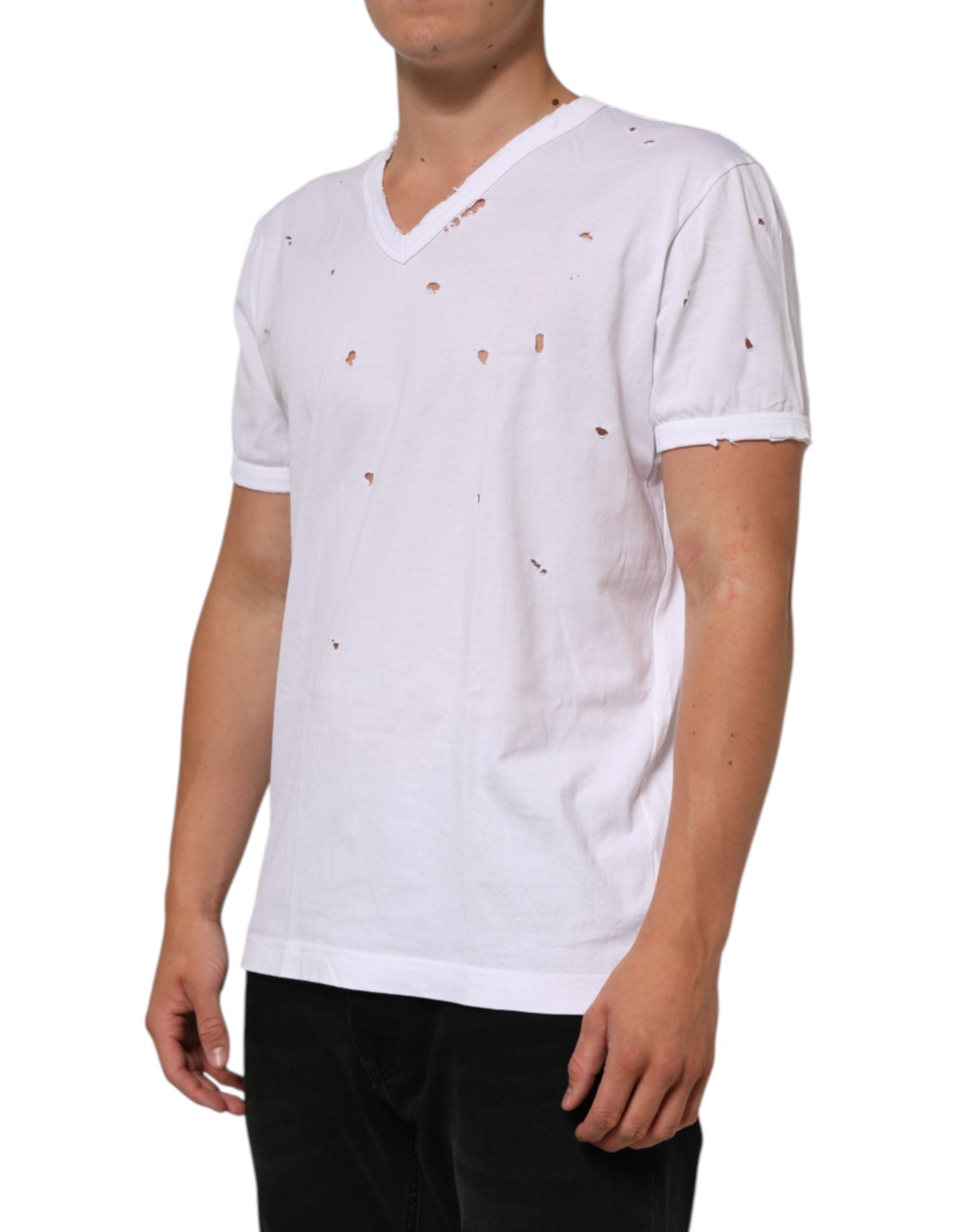 Dolce & Gabbana White Distressed Cotton V Neck Men T-shirt Dolce & Gabbana